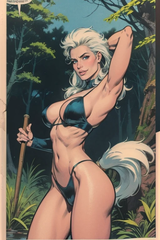 ANIME, FEMALE Wolf, WolfHYBRID, STANDING pose, OPEN SKY in the backgrounds, WHITE WOLF fur, IN A FOREST,comic style, cyberpunk, 4k, high resolution, highly detailed, highly detailed face, 3/4 body portrait, slim body, intricate details, highly detailed