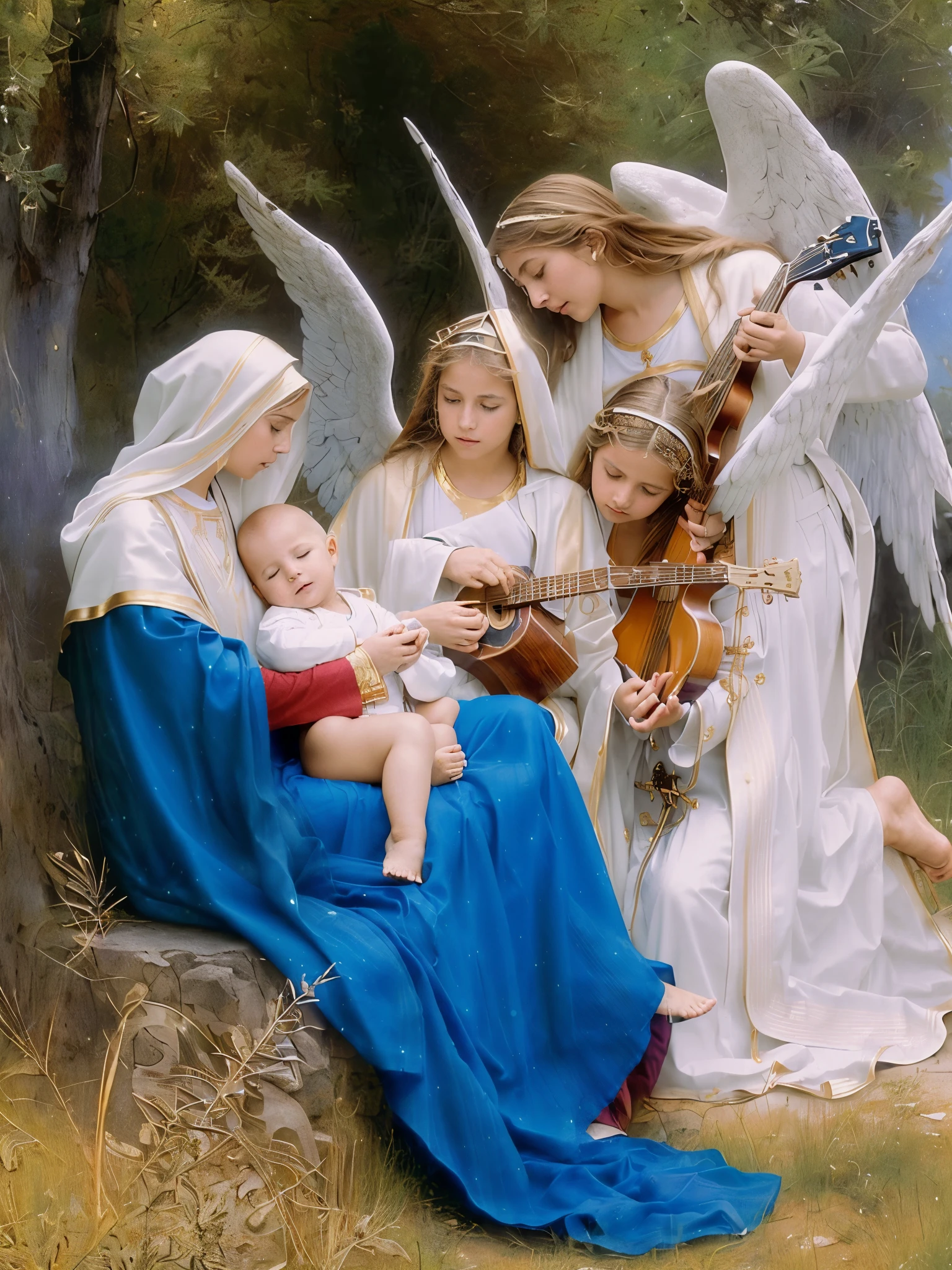 (((Saint Virgin Mary with  child. Ans 3 angels praying guitar.19 years old))) ((( Con una cara seria y piadosa. Con una mirada dulce y tierna))) (obra maestra, calidad superior, mejor calidad, arte oficial, beautiful and aesthetic: 1.2), (1girl), extremadamente detallado, (Arte fractal: 1.3), colorido, highest detailed, Cara perfecta, parte superior del cuerpo, HDR, (orando: 1.3), (golden lines of white coat: 1.2), galaxia, (rayas de luz), eye-catching visuals, (dynamic stripes, senderos luminosos: 1.2), colores vibrantes,