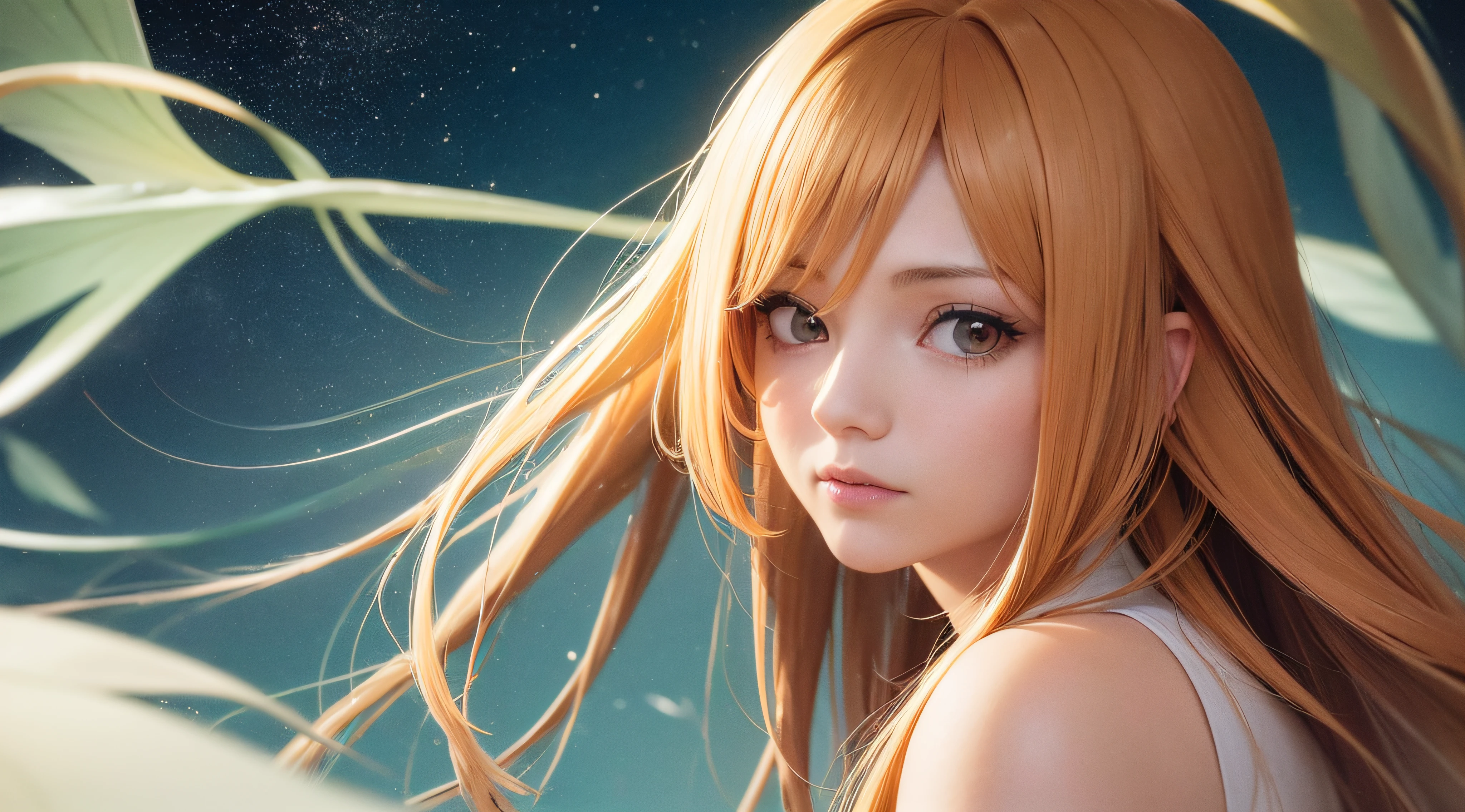 (8k, Foto RAW, best quality, mastery:1.3),(Realistic,photo-realistic:1.37),(Noite),(Olhando para o Visualizador:1.331),(cabelos alaranjados) Orihime Inoue, anime bleach, arte oficial, papel de parede 8k da unidade, ultra detalhado, obra-prima, melhor qualidade, sobrenatural, hollows, monstros, sombrio e misterioso, melhor qualidade, finamente detalhado, alta resolução, extremamente delicado e bonito