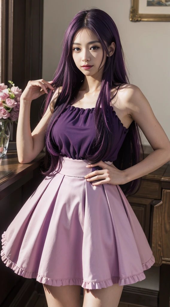 Masterpiece,high quality,1 girl,purple hair,long hair,pink dress with red edges,