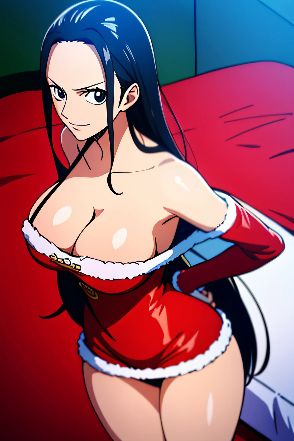 Robin de One Piece, Pose sexy, Y si , Elly, Premios rojo, 8k, anime, ribera, Gran Theta, grande, Se ve sexy perfecta calidad ojos ojos azules, cama, Casa, Noche, ojos azules, christmas outfit