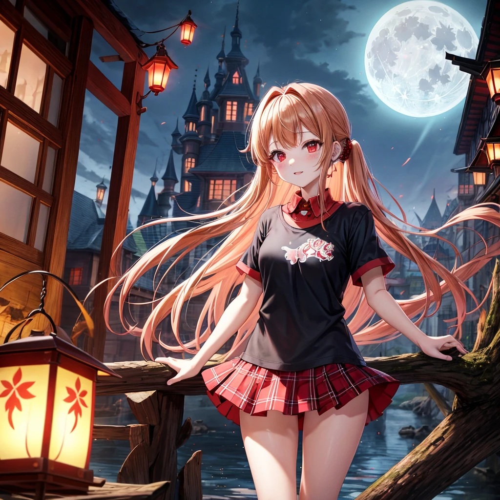 Red-blonde、poneyTail、red eyes、one good looking girl、独奏、animesque、lightly dressed、Plaid miniskirt、wetting hair、Black T-shirt、rotting wood、fullmoon、monster castle、lantern、falling blue sparks