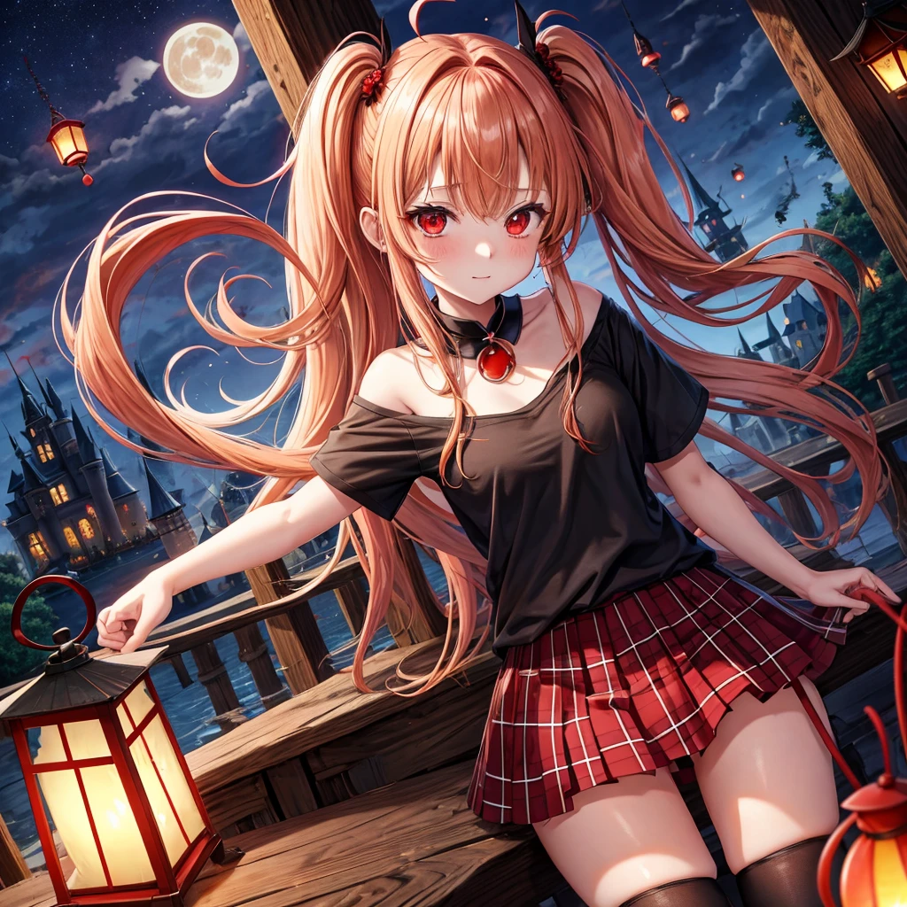 Red-blonde、poneyTail、red eyes、one good looking girl、独奏、animesque、lightly dressed、Plaid miniskirt、wetting hair、Black T-shirt、rotting wood、fullmoon、monster castle、lantern、falling blue sparks