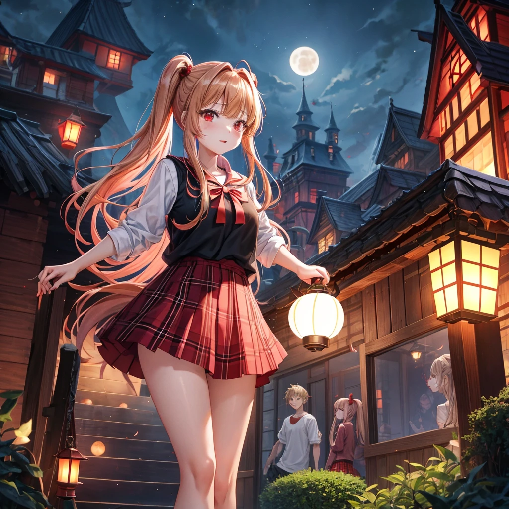 Red-blonde、poneyTail、red eyes、one good looking girl、独奏、animesque、lightly dressed、Plaid miniskirt、wetting hair、Black T-shirt、rotting wood、fullmoon、monster castle、lantern、falling blue sparks