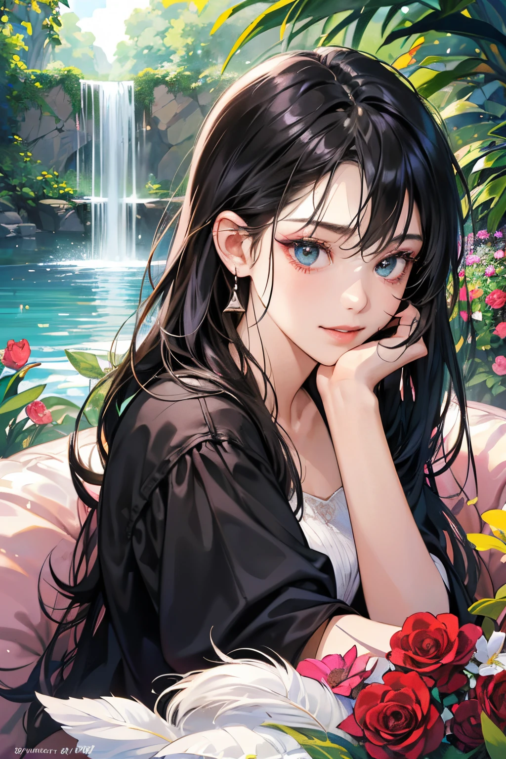 (masutepiece, Digital Art, Digital Illustration, 4K, 8K, Ultra-detailed, beautiful image, Sharp Image, Photorealistic, Raw photo, Perfect face, Perfect lines, Perfect eyes, Soft lighting) ,1 woman, (Long Black Hair,straight haired,Bullish gaze,Beautie,ellegance,Solid makeup,23 y-o woman,small tits:1.3),Two handsome men in suits, (ember,well-muscled,Firm shoulder width, Man's,Boyish hairstyle,English gentlemanly style,Man in his 30s with a cool expression,28-year-old man with bright smile:1.2),Show white teeth and smile(embarrassed from,Shy smile:1.1),A garden full of light、The fountain、Resort Sofa、colorful flower、innocent smiles,Laugh、couple kissing、kiss、the kiss、Romance、Mermaid line wedding dress rose bouquet、