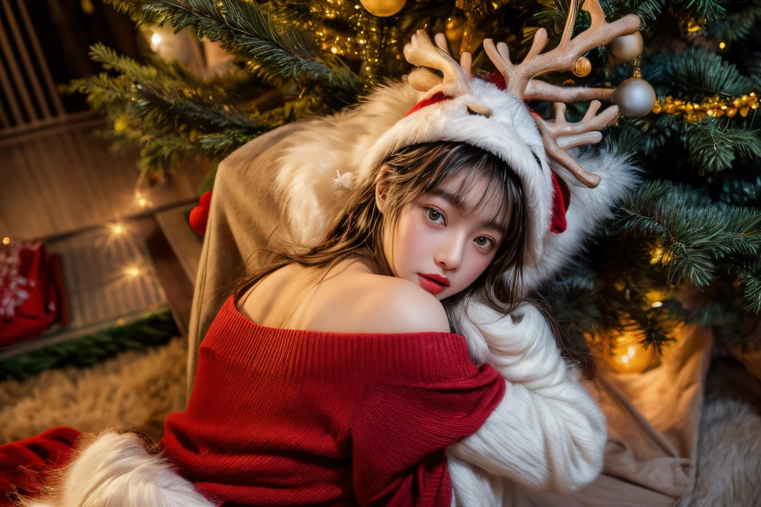 masterpiece、8K、32K、top-quality、(A detailed eye)、(A cute Japanese woman、bangss)、23years old、1 girl in、elegent、(Detailed background depiction、portlate:1.2)、(Christmas tree:1.3)、By the fireplace、(Reindeer Costume:1.2)、(illuminations:1.3)、(lie on one’s back:1.3)、beauty legs、Wear socks