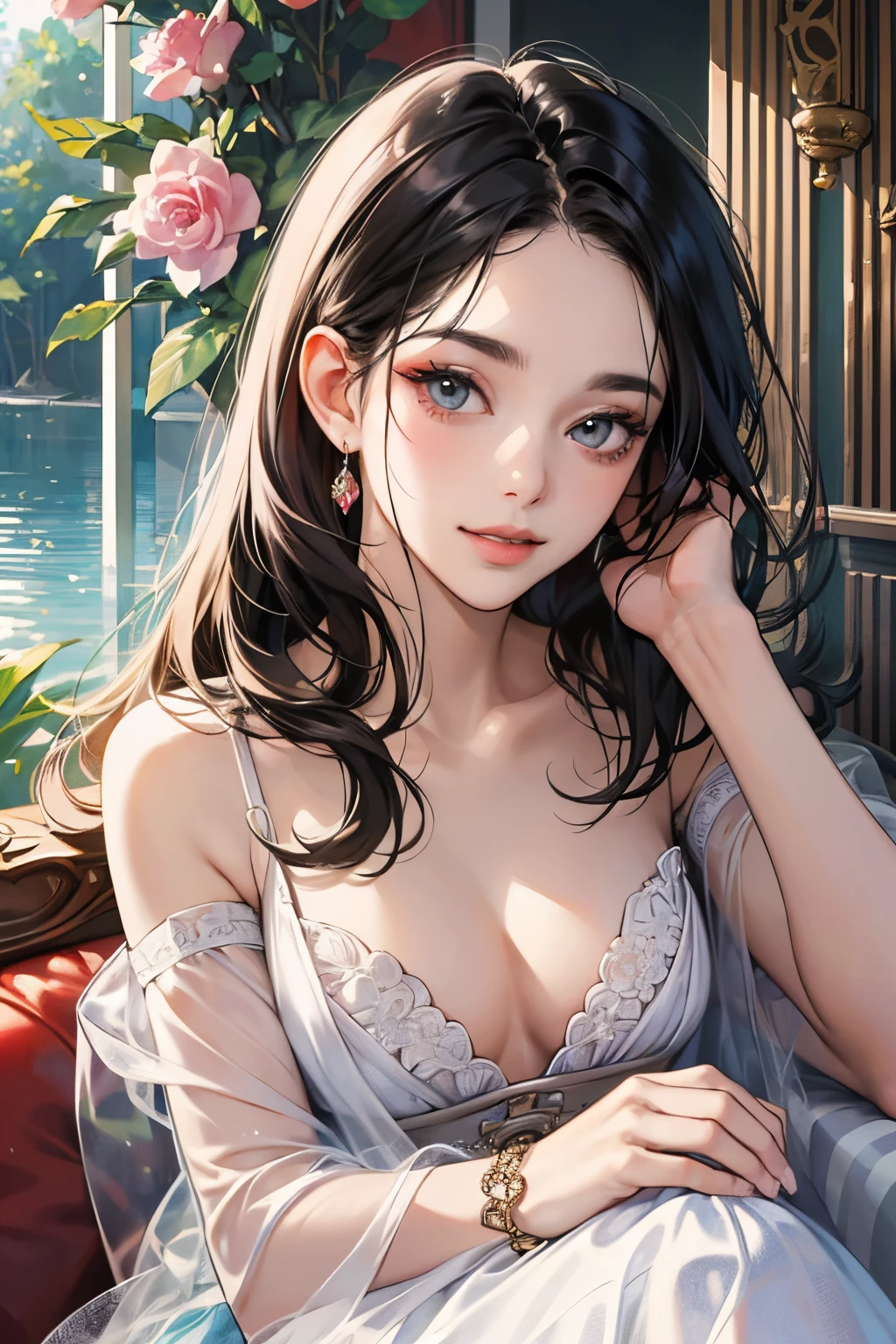 (masutepiece, Digital Art, Digital Illustration, 4K, 8K, Ultra-detailed, beautiful image, Sharp Image, Photorealistic, Raw photo, Perfect face, Perfect lines, Perfect eyes, Soft lighting) ,1 woman, (Long Black Hair,straight haired,Bullish gaze,Beautie,ellegance,Solid makeup,23 y-o woman,small tits:1.3),Two handsome men in suits, (ember,well-muscled,Firm shoulder width, Man's,Boyish hairstyle,English gentlemanly style,Man in his 30s with a cool expression,28-year-old man with bright smile:1.2),Show white teeth and smile(embarrassed from,Shy smile:1.1),A garden full of light、The fountain、Resort Sofa、colorful flower、innocent smiles,Laugh、couple kissing、kiss、the kiss、Romance、Mermaid line wedding dress rose bouquet、