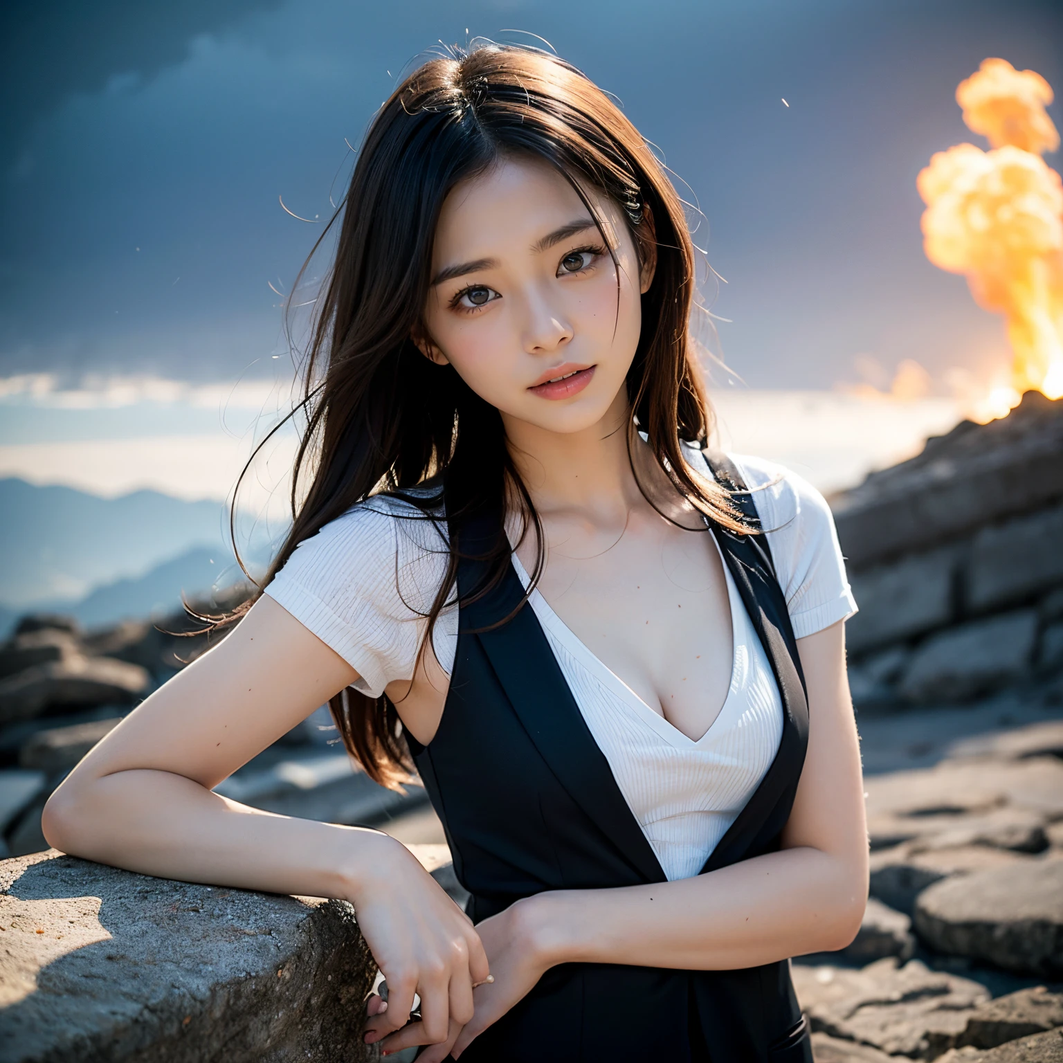 (masutepiece, Best Quality:1.2), 8K, Official art, Wearing a suit、Five Fingers Photos'Body of, full body Esbian、Lightning from a wand、Suit Beauty、Big Dipper in the background、star explosion、Beautiful barefoot woman with dark hair, hold a flame in your right hand、i#39;i'i'i'I'm holding a snowstorm in my left hand、Bright lava light rises above the broken Earth from beneath the asteroid belt(Jagged rock rocks and fragments shot into the air:1.3) (Storm of windy dust debris:1.1) Volume fogmist by trace Z、It can allow bright light from below to pass through、 (masterpiece) (top-quality) (detaileds) (8K) (电影灯光) (foco nítido) (Convoluted)A dark-haired、14years、small tits、A delightful、A smile、unbelievable Ridiculous, (a beauty girl, Pretty Face, arching back down, Gold hair ornament on hair、Wearing a cute suit、close up, Wearing a suit, Short sleeve, gardenia, violaceaess, spaces , Looking at Viewer, Film grain, chromatic abberation, Sharp Focus, face lights, Dynamic lighting, Cinematic lighting, Eyes and faces with detailed, Bokeh background, (Tie with Emma written on it、1 copy:1.2)