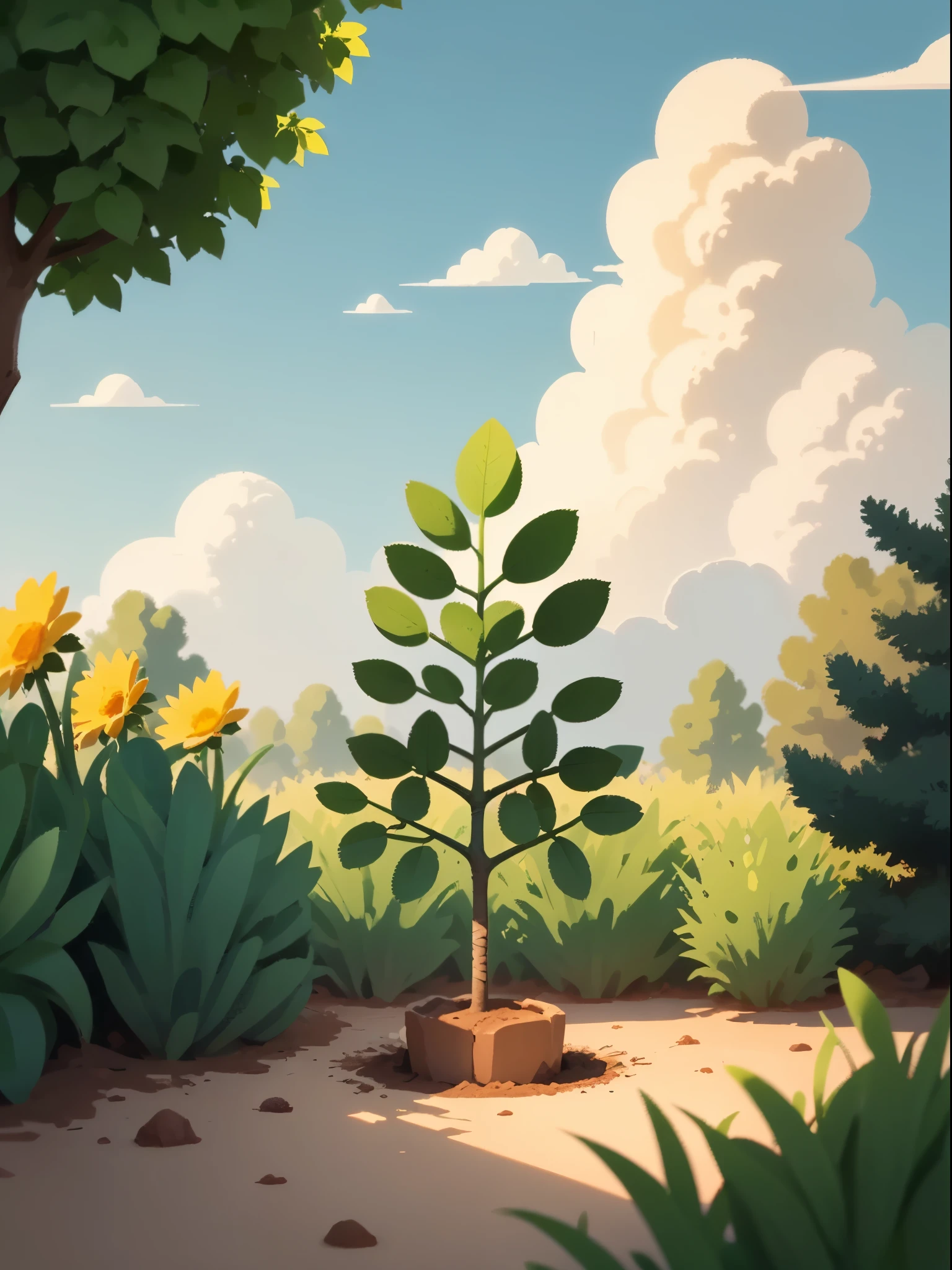A small sapling planted in a small garden,The sun shines on it through the clouds,Small sapling personified,classical animation,Disney style,Continuous shooting,Cinematic immersion,Sense of story,Children's picture book,children's story,High saturation color,colorful illustrations