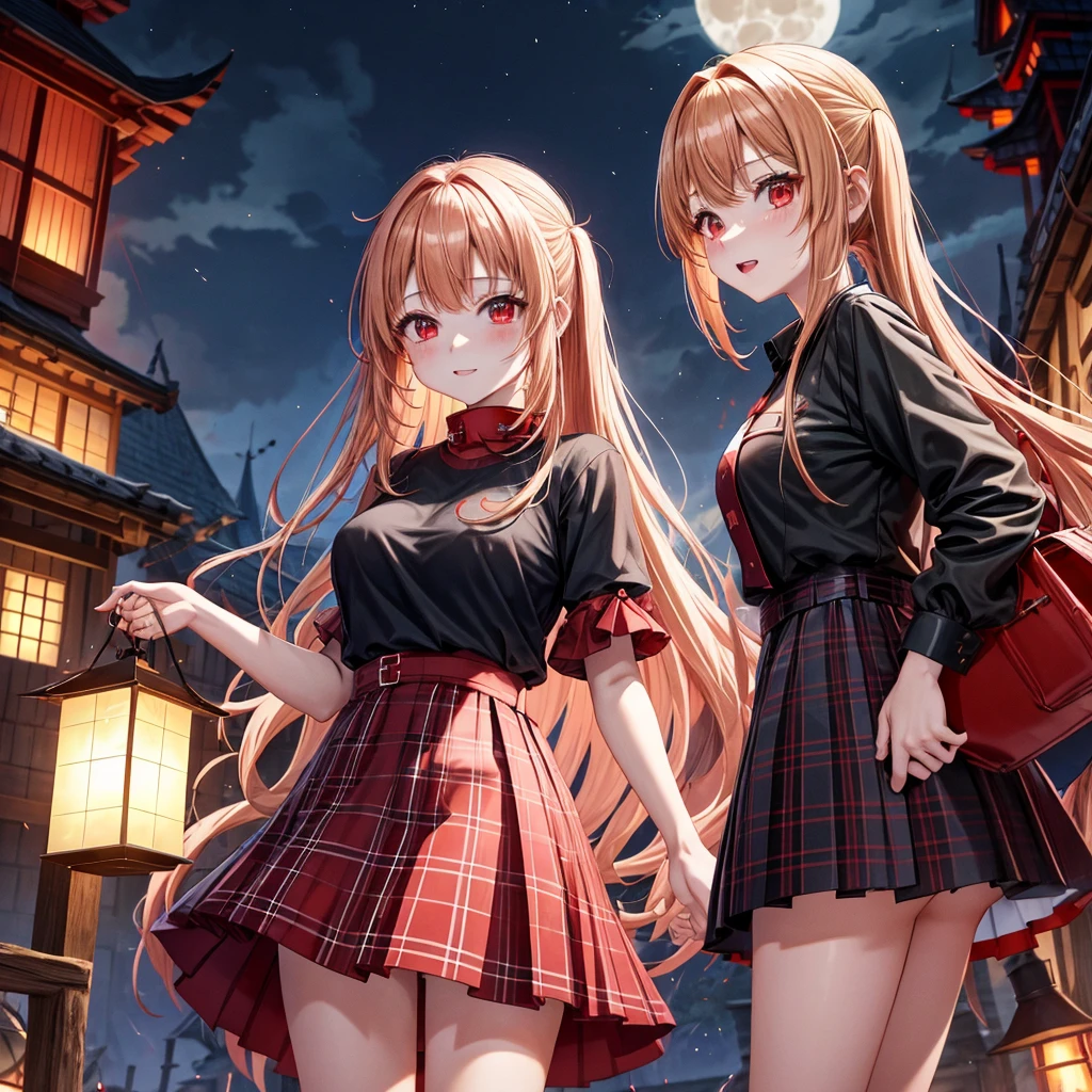 Red-blonde、poneyTail、red eyes、one good looking girl、独奏、animesque、lightly dressed、Plaid miniskirt、wetting hair、Black T-shirt、rotting wood、fullmoon、monster castle、lantern、A large amount of blue sparks raining down