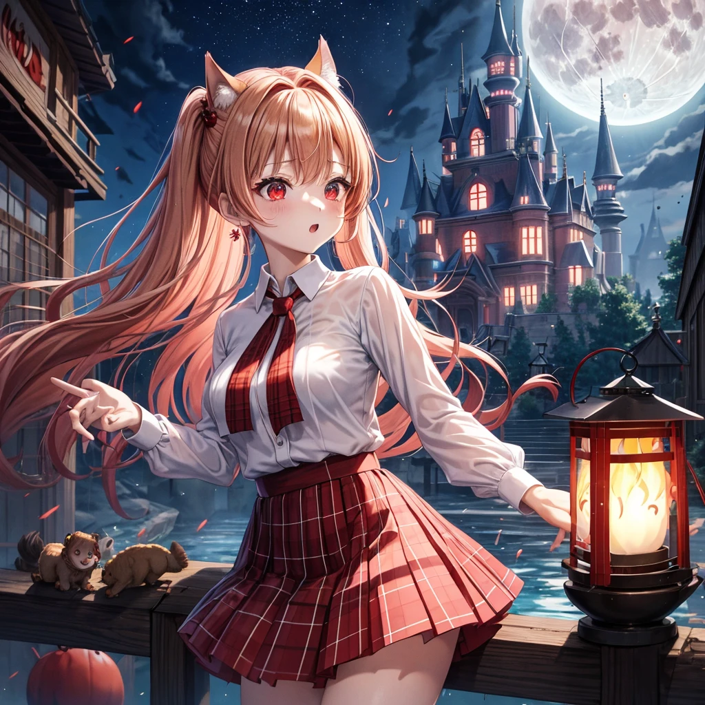 Red-blonde、poneyTail、red eyes、one good looking girl、独奏、animesque、lightly dressed、Plaid miniskirt、wetting hair、Black T-shirt、rotting wood、fullmoon、monster castle、lantern、A large amount of blue sparks raining down