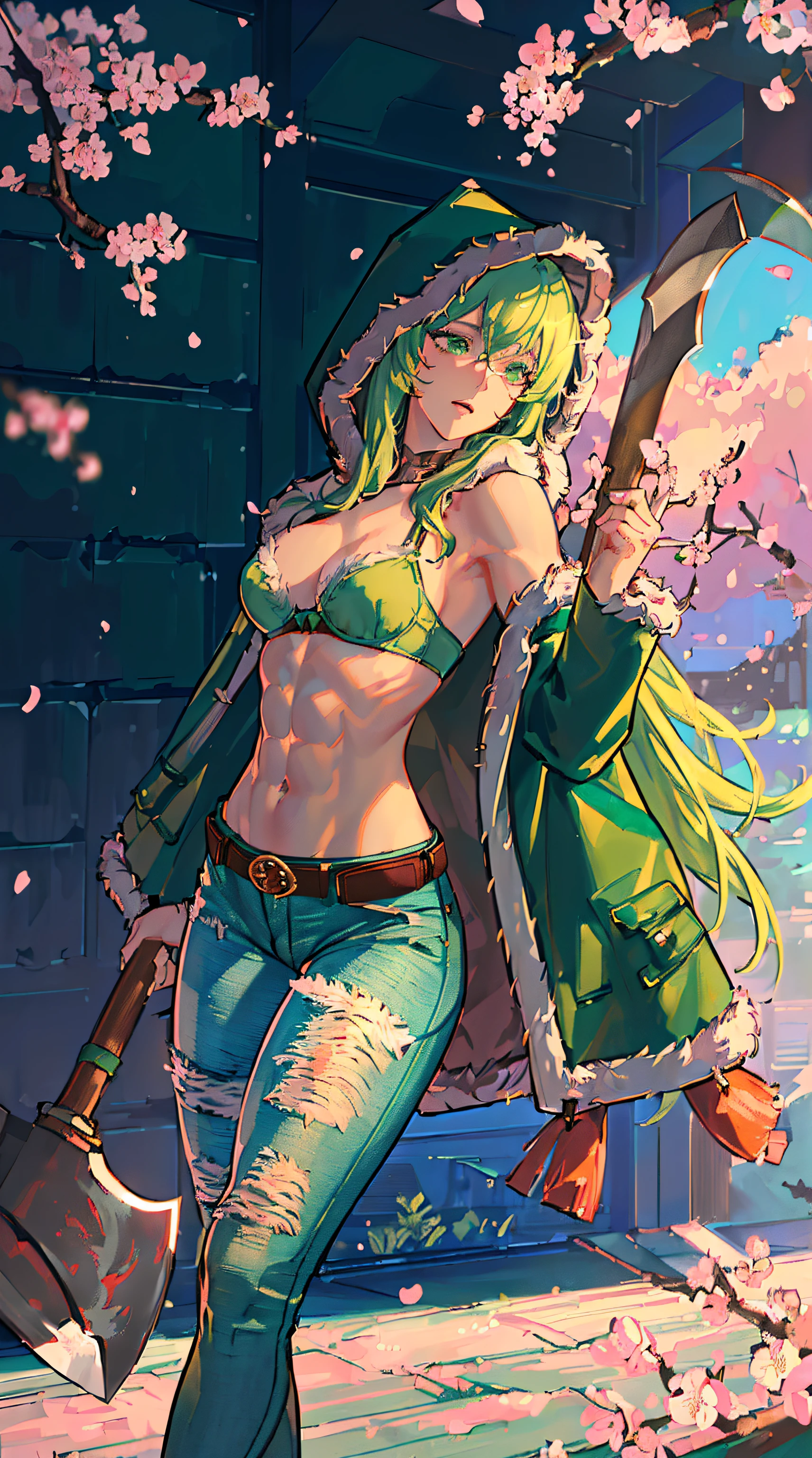 expansive landscape photograph, Seen from a distance, flooring, (person:1.5), (clear skies, Sunlight coming in from behind, beautiful light, saturated, savage expression, assured, Cherry blossom tree, cherry petal particles:1.5), intricated details, Volumetric lighting, Realism BREAK(masterpiece:1.2), (Top Quality), 4k, Ultra-detail, (Dynamic configuration:1.4), Very detailed and colorful details,(Rainbow colors:1.2), (Glowing lights, Atmospheric lighting), Dreamy, Magical, (Solo:1.2), intriciate detail, (toned thigh, lots of muscles:1.5), 1 belly button, Cheeky look, big breasts drooping, (Green Eyes:1.3), (Green long hair:1.5), (tight jeans, belts, Green bra, fur hood, long jacket with hood:1.5), (Dynamic Angle:1.2),(Leaning against the wall:1.5), ( frontage:1.5), (holding an ax:1.5)
