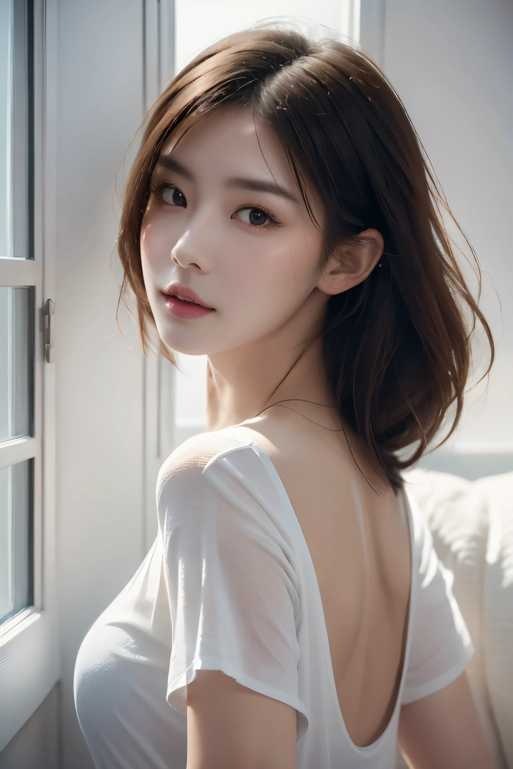 dress, (photograph realistic:1.4), (Ultra photo realsisim:1.4), (realisticlying:1.3), (Smoother lighting:1.05), (increase cinematic lighting quality:0.9), 32K, 1girll,20岁女孩,realistic illumination,The light from the back window backlighted,light in face,Ray traching,(Brighten light:1.2),(enchanced quality:1.4), (Best quality real textured skin:1.4),Fine Detailed Eyeinerly detailed face,finely quality eyes, closeup of face,tee shirt, (Increased Body Line Mood:1.1),(Increases skin texture and beauty:1.1)