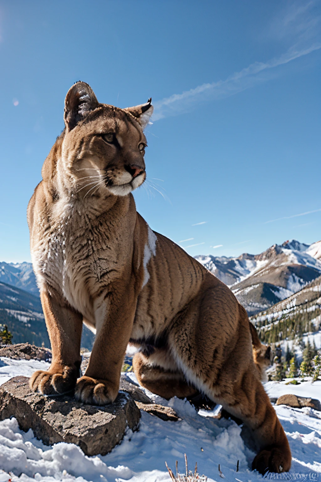 Mountain Lion in a Colorado Mountain with snow on the top Background