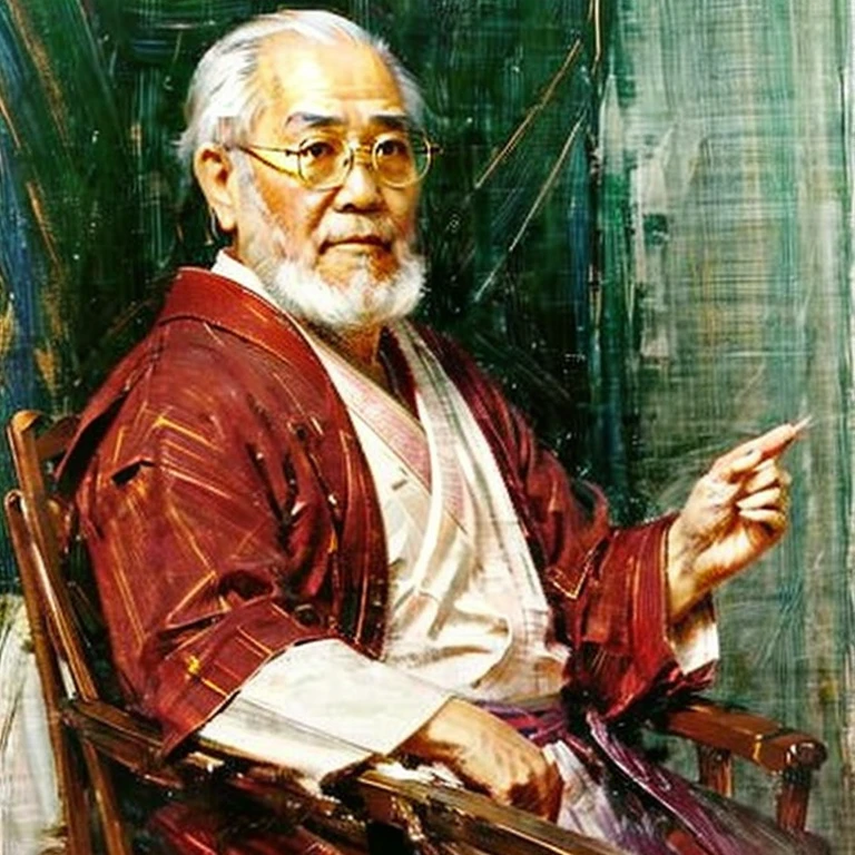 Oriental old man resembling Socrates、(((Portrait of one person)))、busts、bald on the top of the head、((Less beard))、Wearing glasses、japanese kimono、Sakumi、without background、