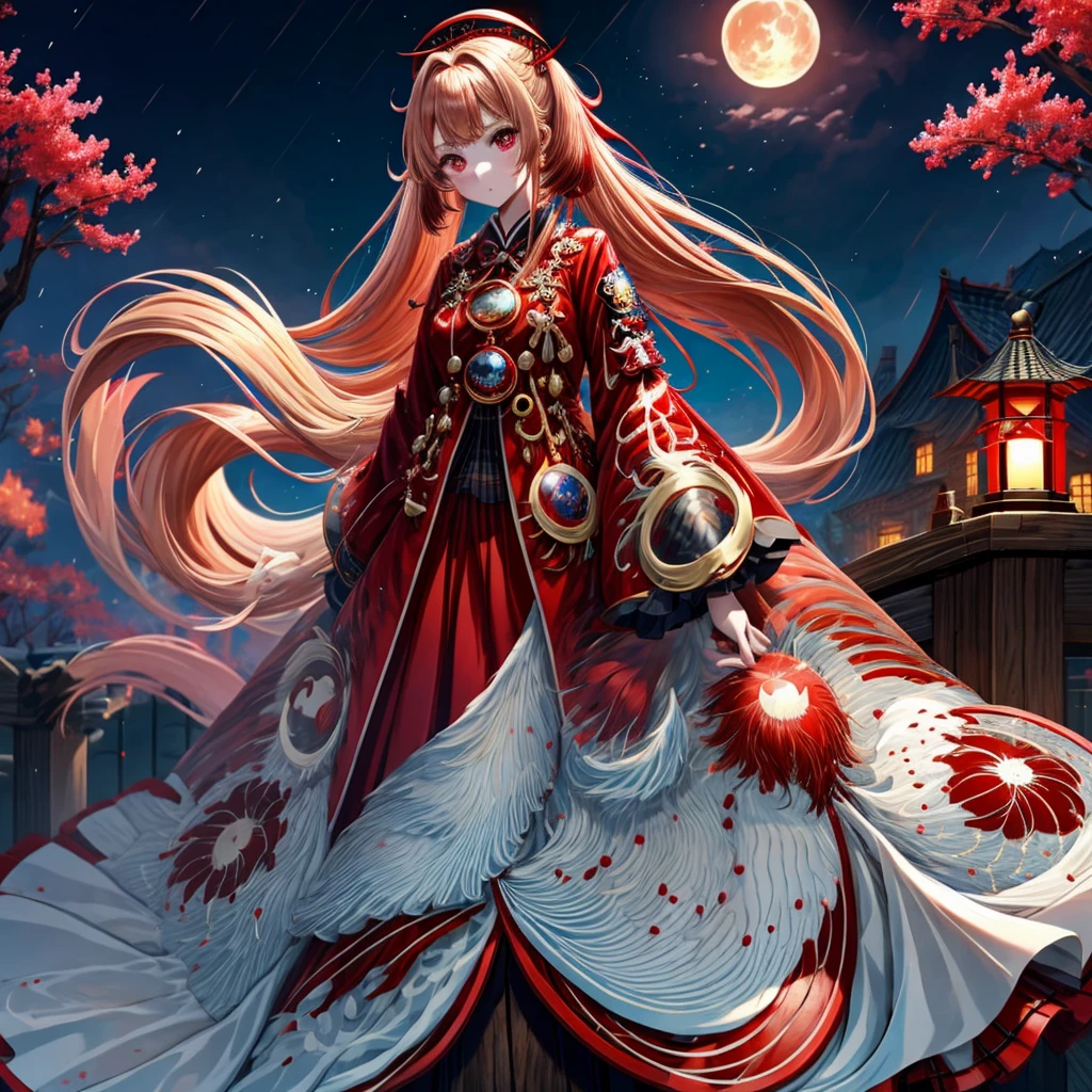Red-blonde、poneyTail、red eyes、one good looking girl、独奏、animesque、lightly dressed、Plaid miniskirt、wetting hair、Black T-shirt、rotting wood、fullmoon、monster castle、lantern、A large amount of blue sparks raining down