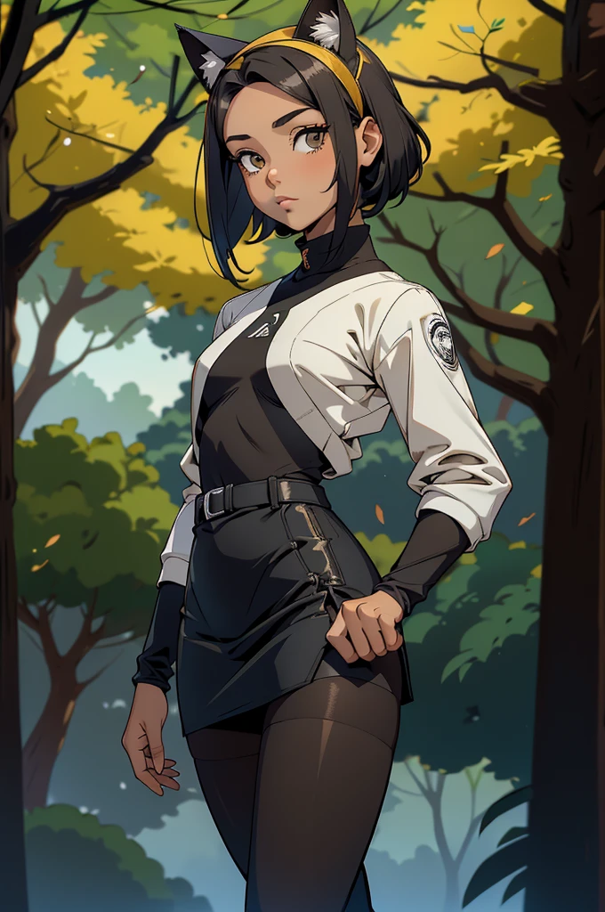 foto de corpo inteiro,cat ears on the head of a beautiful young woman wearing a short skirt, usando meias preta longas e sueterpreto apertado ,corpo inteiro na foto,floresta a noite varias luzes,belas coxas, coxas lindas belhos olhos escuros detalhados, sueter branco apertado,maio apertado , tight pantyhose, mini saia , ceu limpo a noite com estrelas numa floresta a noite,short curto linda jovem, olhos sedutores feminino.CABELO CURTO PRETO((CABELOS CURTO PRETO))