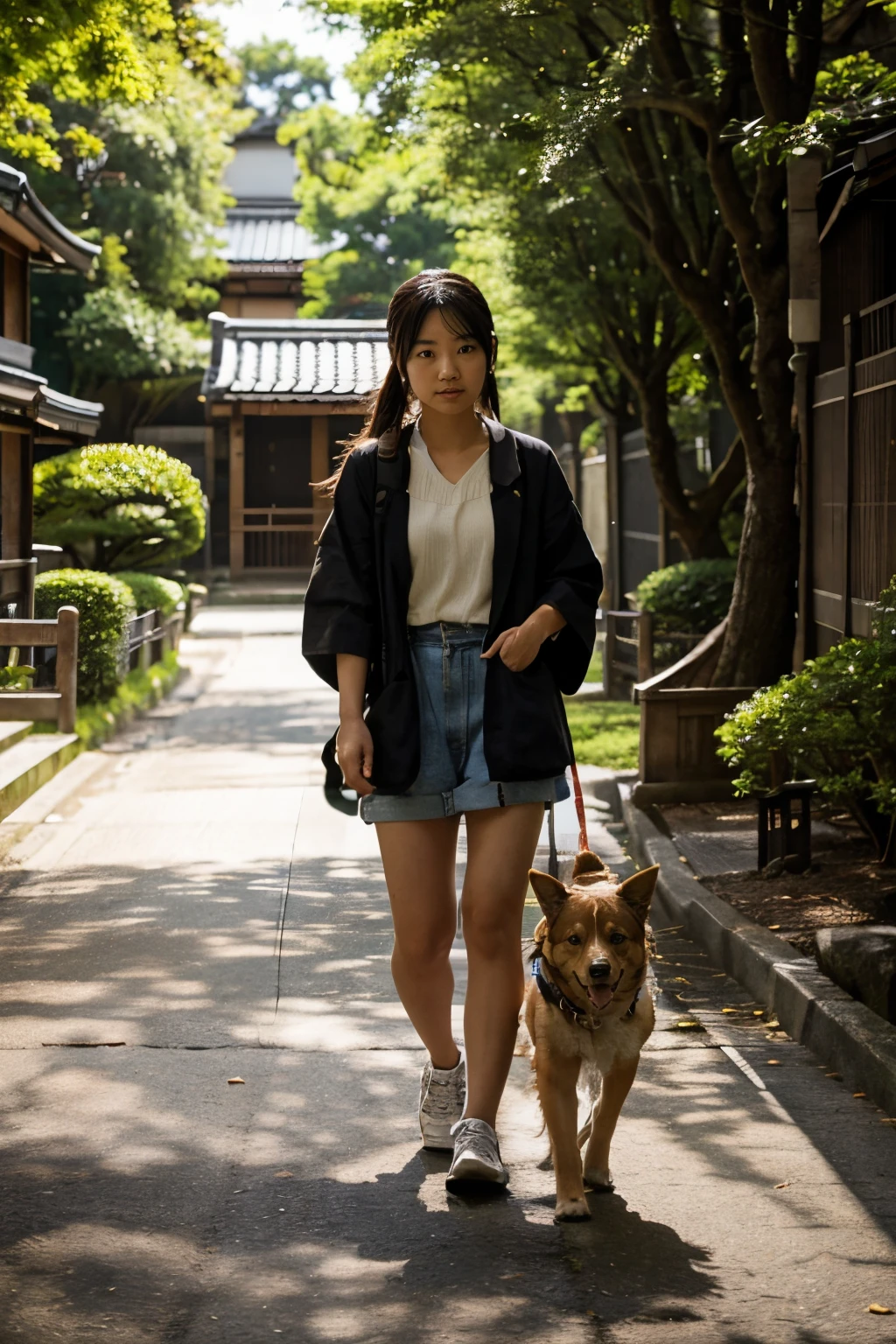 A Japanese girl is walking a dog, sunshine