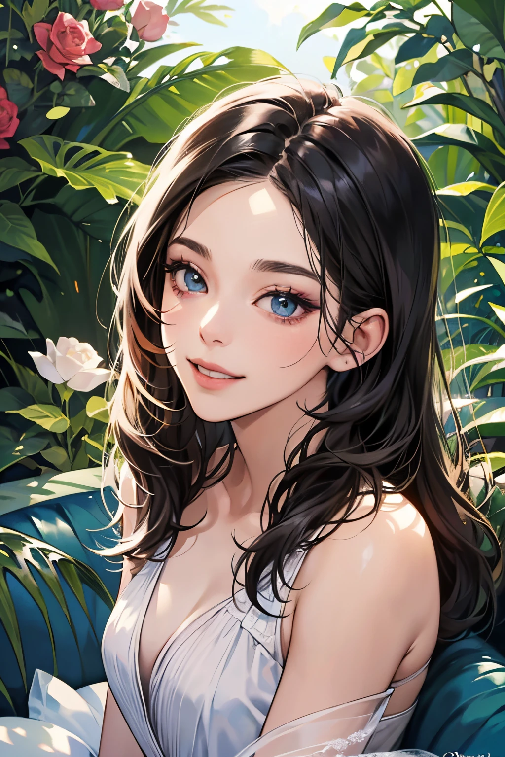 best quality, masterpiece, ultra high res, photorealistic, 1girl, offshoulder, smile