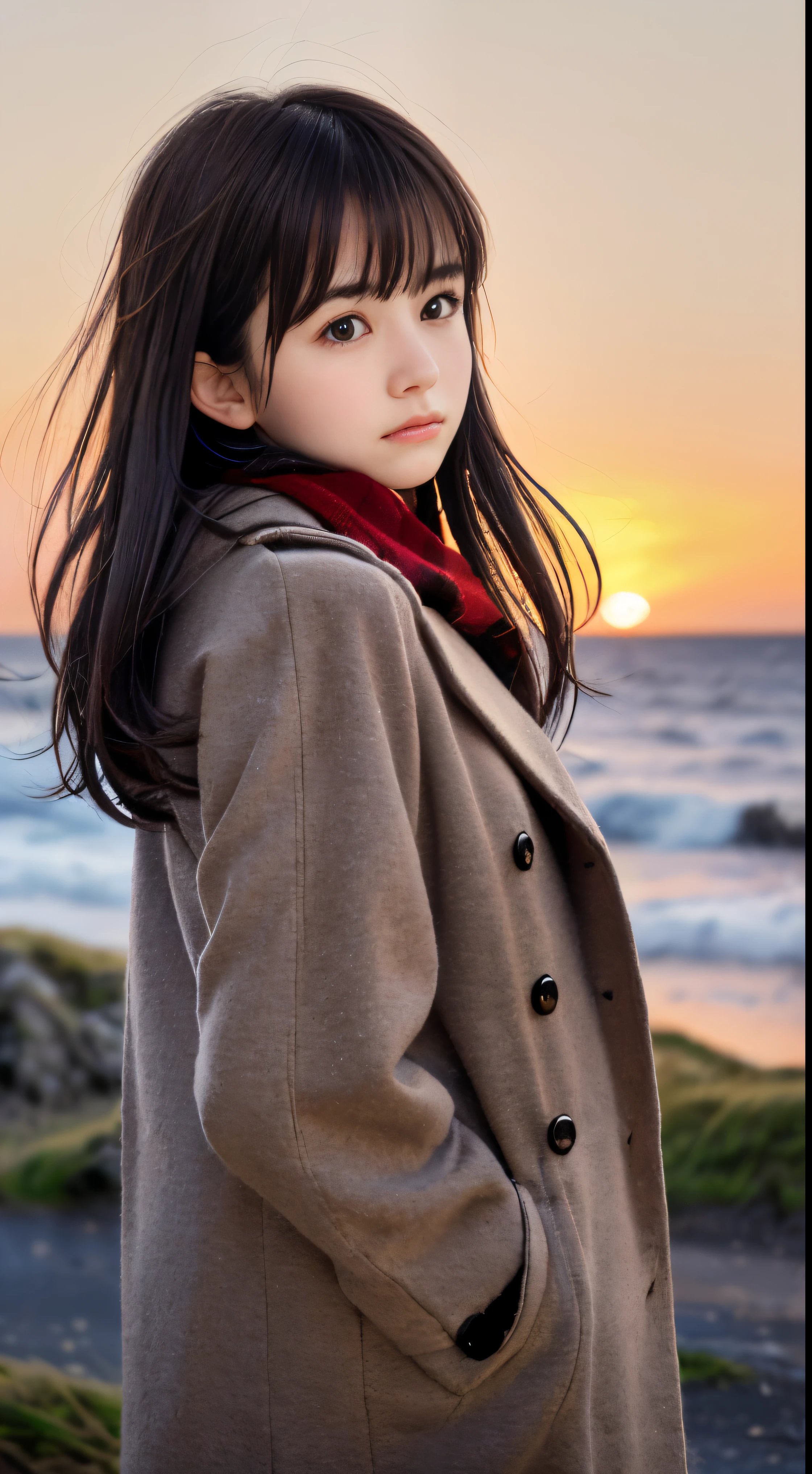 (Wearing a long winter coat and scarf、Close-up of a long-haired slender small-chested brown half-up girl with blunt bangs:1.5)、(A girl turns around with a very sad face, Her hair blows in the wind on the winter beach:1.5)、(Blurry background:1.5)、(red sky at sunset:1.5)、(Perfect Anatomy:1.5)、(complete hands:1.3)、(complete fingers:1.3)、Photorealsitic、Raw photography、masutepiece、top-quality、hight resolution、delicate and pretty、face perfect、Beautiful detailed eyes、Fair skin、Real Human Skin、((thin legs))