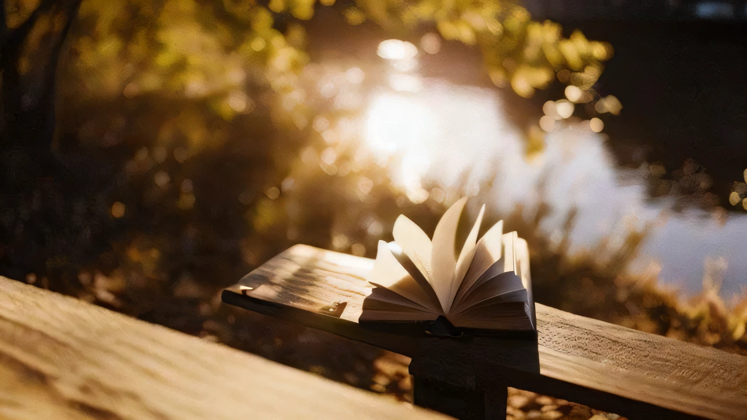 There  a book on the bench by the water, an open book, one book, Beautiful image, read a book, read new books, Artistic depiction, author：Nico Henrikong, very beautiful photograph of, lit in the light of dawn, flowing book pages, well edited, The large)}], Morning sun, open book page, brilliant morning light, afternoon sunlight