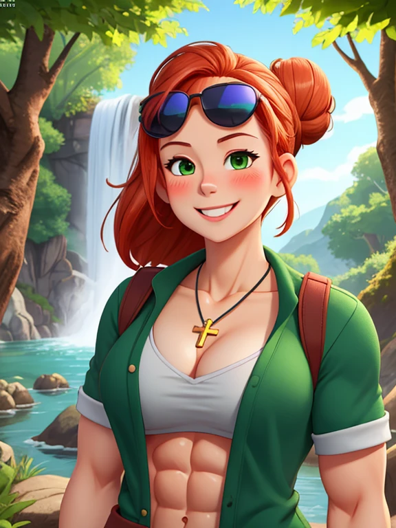 attractive welsh woman, ripped muscle, muscular body, pale skin, smile(blush), sundress, sunglasses on her head, cross pendant, sixpack abs, [ultra detailed skin:1.2], ginger hair, green eyes, hair bun, 8k uhd, full body, crowd, public, forest, waterfall, standing,