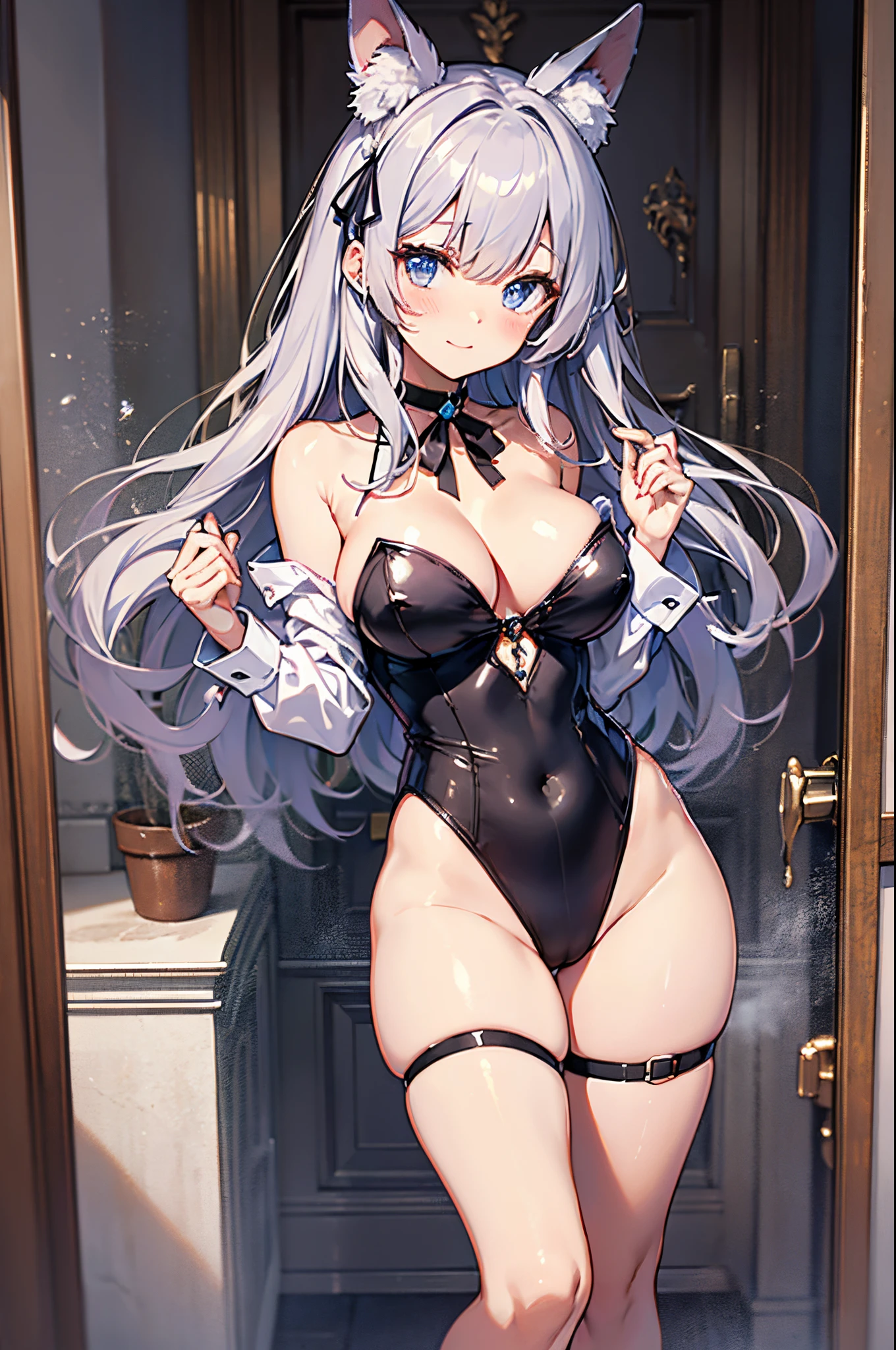 ((2D beautiful girl、top-quality: 1.2、Perfect fingers: 1.2、perfect anatomia: 1.1、Dress perfectly、face perfect: 1.1、4ｋ、8ｋ、top-quality、Perfect Finger 1.1、Perfect Anatomy 1.1))、Beautiful illustration with blurred background))、(Transformation Sequence)、sixteen years old、Solio、princess breast art、a baby face、((stright long hair))、(Slender legs)、Large sagging eyes:1.1、(1 persons)、A shy smile with a blush、inside in room、((bunnygirl、leotard、ribbon choker、Cuffs、Bunny Katyusha))、wide Shots、is standing、Full body depiction、The chest is fluttering、tits out、