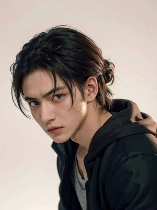 1man, Eren in the anime Attack on Titan, Real-life adaptation of this character, Korean handsome face,realistic outfit,Detailed light green eyes,Realistic messy black hair,Realistic background,Hyper realistic,Realism,Realistic light, realistic shadow,(Photorealistic:1.2), looking to viewer, realistic tattoos, Perfect Finger