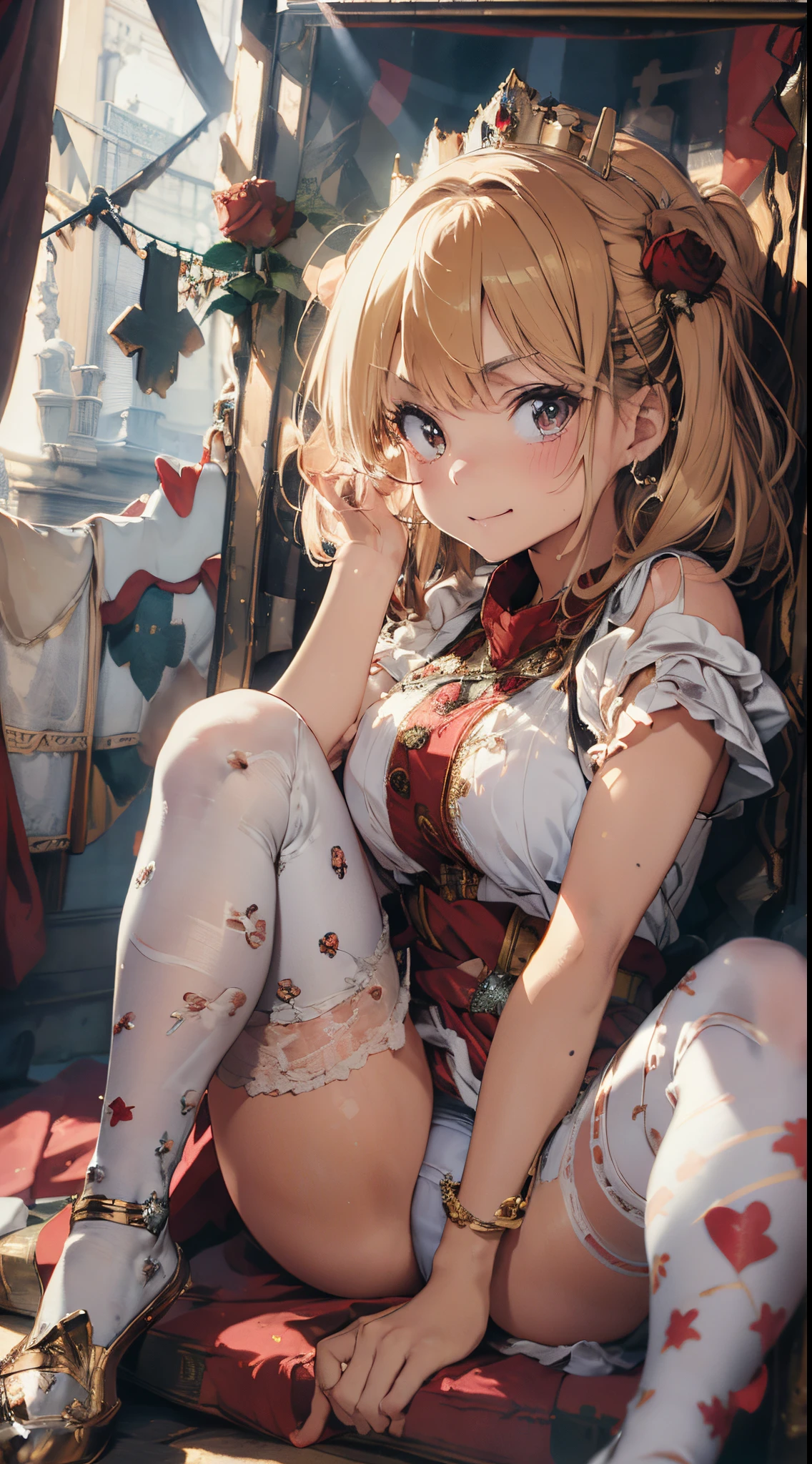 (The highest image quality, master piece:1.2), (Ultra Definition Illustration), (NSFW:1.3), (very cute little queen, yo:1.3), (1 girl:1.2), Solo, (shoot from very below:1.3) ,(condescending look:1.3) NSFW, sleeveless, armpits, arms behind head, embarrassed, closed eyes, (sleeveless gorgeous queen red dress with roses:1.3), sitting on the throne chair, queen crown, showing dirty panties, Full body, Round ba(Glasses, Blonde Short-Cut Hair), (white thigh high pantyhose:1.2), (Evil smile, mean face, Mesugaki smile), Luxurious palace rooms, Fancy Room, RPG Royale, (widely spread leg:1.3), (bukkake, cum:1.2),