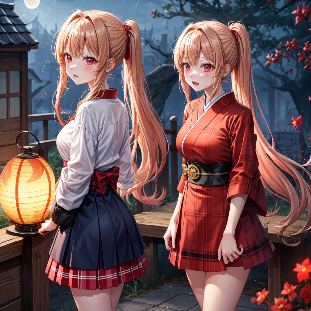 Red-blonde、poneyTail、red eyes、one good looking girl、独奏、animesque、lightly dressed、Plaid miniskirt、wetting hair、kimono、rotting wood、fullmoon、monster castle、lantern、A large amount of blue sparks raining down