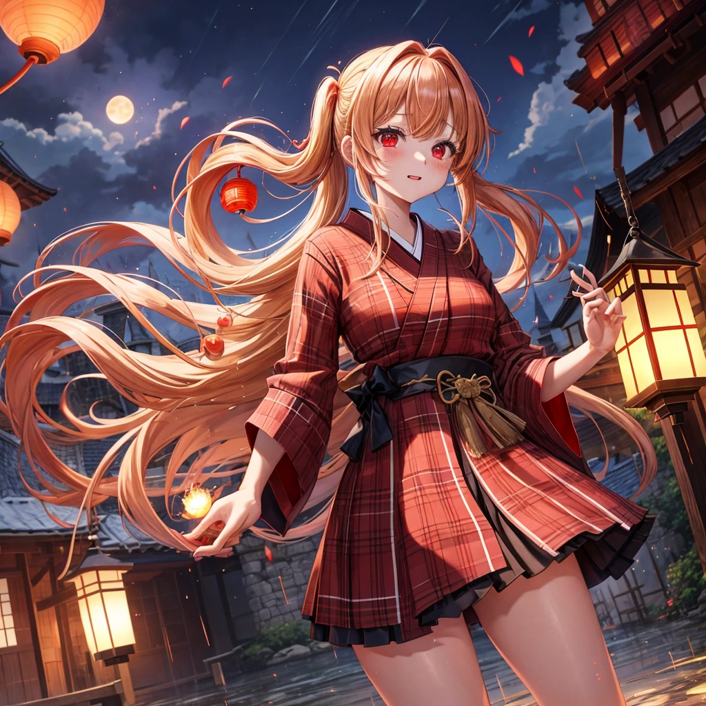 Red-blonde、poneyTail、red eyes、one good looking girl、独奏、animesque、lightly dressed、Plaid miniskirt、wetting hair、kimono、rotting wood、fullmoon、monster castle、lantern、A large amount of blue sparks raining down