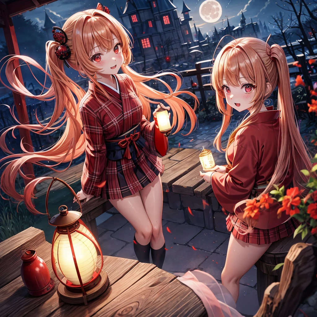 Red-blonde、poneyTail、red eyes、one good looking girl、独奏、animesque、lightly dressed、Plaid miniskirt、wetting hair、kimono、rotting wood、fullmoon、monster castle、lantern、A large amount of blue sparks raining down