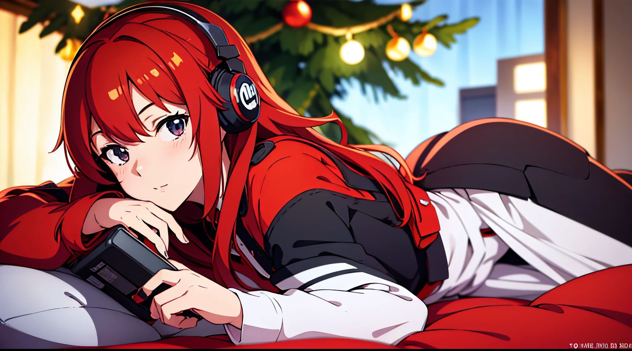 Red head anime girl chilling near christmass tree, focused, relaxed, anime style 4 k, girl wearing headphones, lofi artstyle, with headphones, anime style. 8k, wearing headphones, anime style illustration, lofi girl, listening to music, headphones, cozy lights, cozy room, cozy clothes