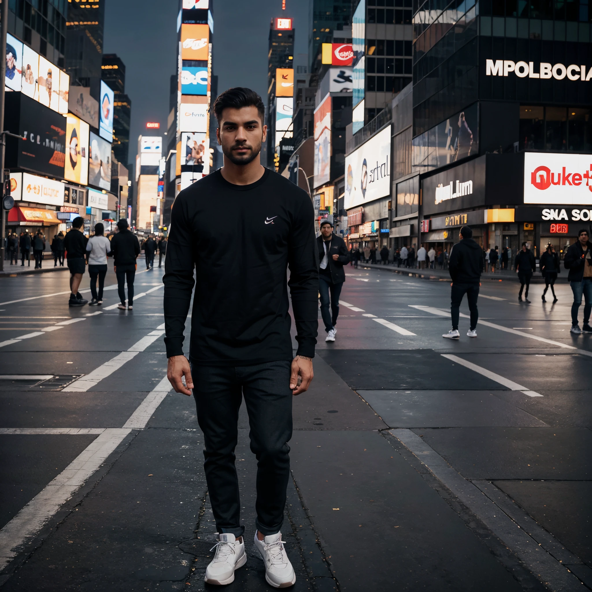 DIV, a young aesthetic handsome man with sharp facial features and light beard wearing stylish casual clothes, muscular fitting full sleeve black tshirt, full body shot, nike jordans, wearing Apple Watch, standing in the middle of Times Square in New York, candid shot, detailed and sharp image quality, ultra realistic, 8k, surrealism, ultra realistic background, subtle lighting, single person with crowd in background