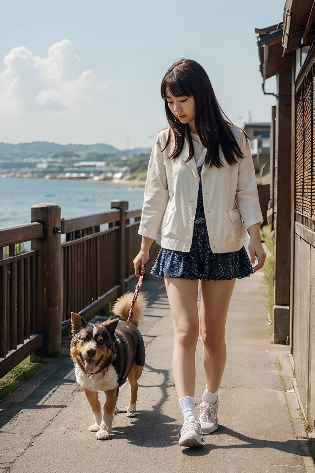 A Japanese girl is walking a dog, sunshine, seaside