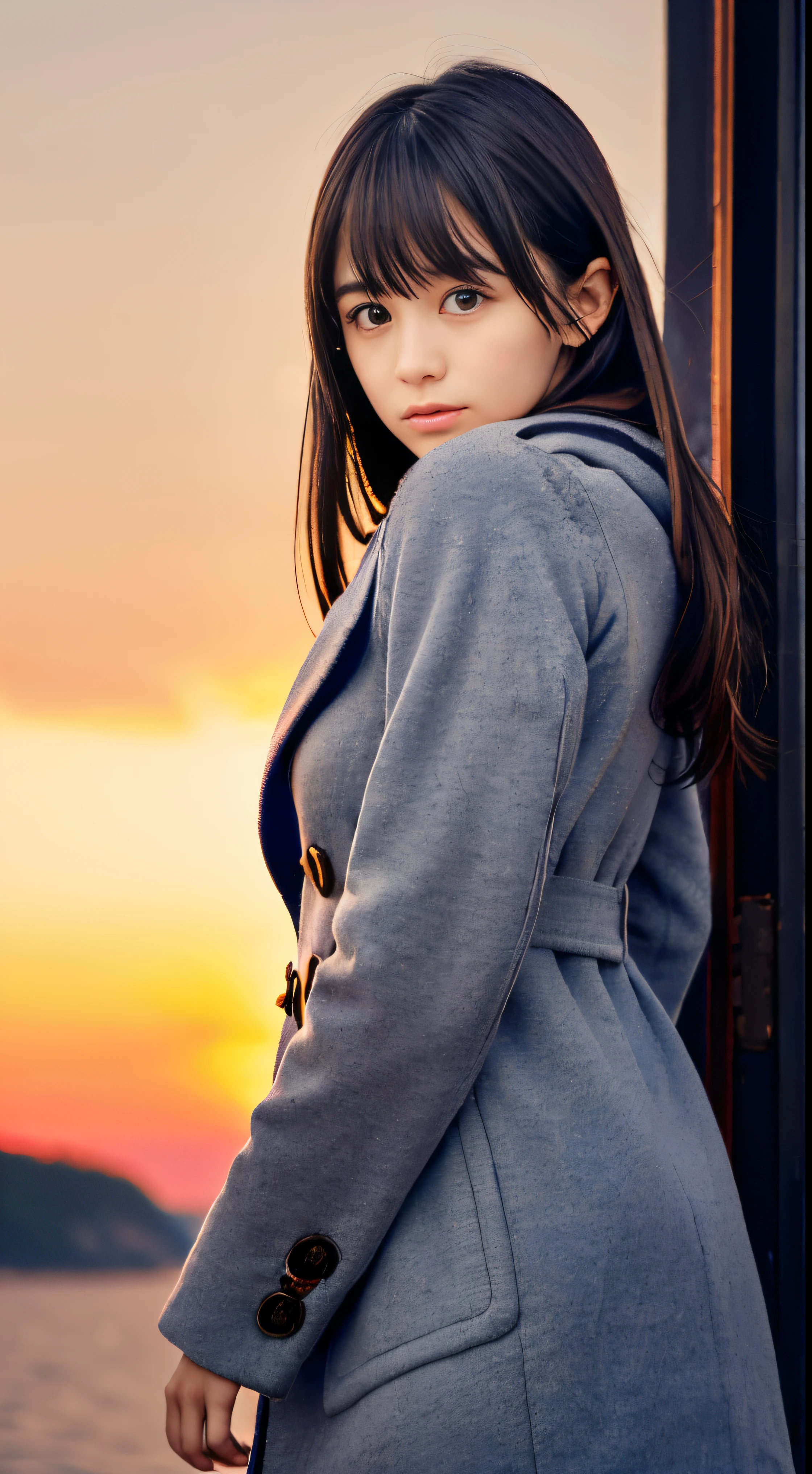 (Wearing a long winter coat and scarf、Close-up of a slender small-chested dark silver long-haired girl with flowing bangs:1.5)、(A girl turns around with a very sad face, Her hair blows in the wind on the winter beach:1.5)、(Blurry background:1.5)、(red sky at sunset:1.5)、(Perfect Anatomy:1.5)、(complete hands:1.3)、(complete fingers:1.3)、Photorealsitic、Raw photography、masutepiece、top-quality、hight resolution、delicate and pretty、face perfect、Beautiful detailed eyes、Fair skin、Real Human Skin、((thin legs))