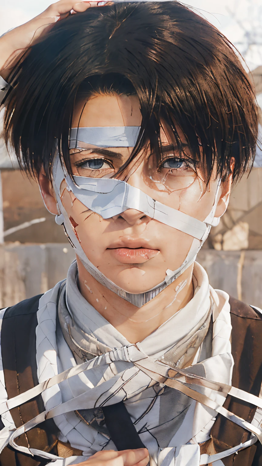 (Ultra detailed, realistic,), levi ackerman, character cry, Use bandages on face and hands, (Stitched wounds on cheeks and mouth), wearing a white shirt, the right eye  covered with a bandage, (scars on cheeks and mouth), realistic face, realistic body, realistic hair, detail face,