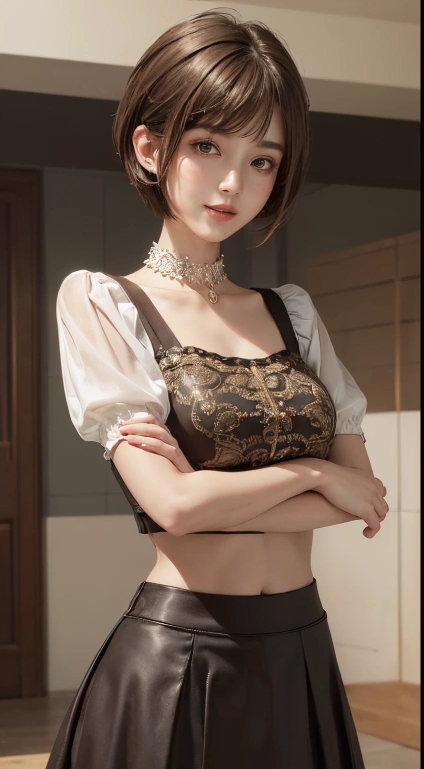 ((Best quality at best, 8K, tmasterpiece: 1.3)), 1 girl, Slim Abs Beauty: 1.3, (Brown Hair Short Hairstyles, bigger: 1.2), a skirt: 1.1, Super slim face, Elaborate Eyes, 二重まぶた, ssmile,