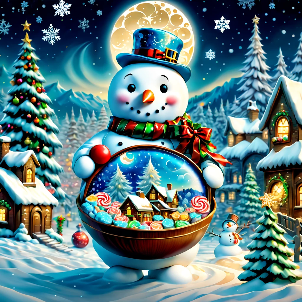 (tmasterpiece),(ultra - detailed: 1.3),Best quality,glittery,Fantasy Christmas World,(Christmas in the style of Van Gogh: 1.5), themoon,(Snowy night in Christmas town),((Cute vector snowman holding a book and a bag of candy, Pour the snowflakes into a bowl,The robin lands on the snowman's head,Christmas elements)),((Christmas tree,Confectionery,Cane sugar,Christmas gifts)), and decorations, Cute design style, natta,Skysky,moon full,Shown in this beautiful scene, vibrant with colors,1.4x more realism,hyper HD,(very detailed nipples,Reasonable design,Clear lines,High- sharpness,tmasterpiece,offcial art,movie light effect,8K, Ultra-high saturation,Super high natural saturation)