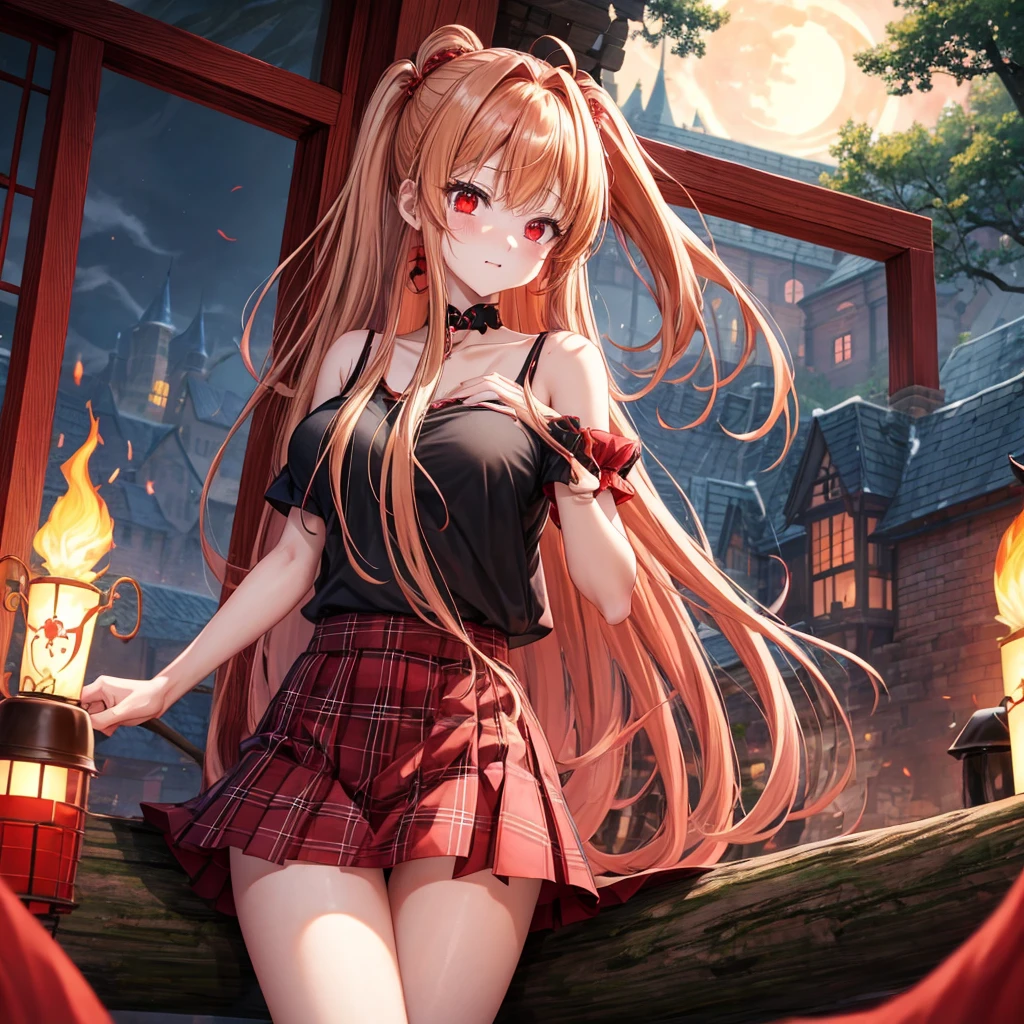 Red-blonde、poneyTail、red eyes、one good looking girl、独奏、animesque、lightly dressed、Plaid miniskirt、wetting hair、Black T-shirt、rotting wood、fullmoon、monster castle、lantern、A large amount of flame pouring down