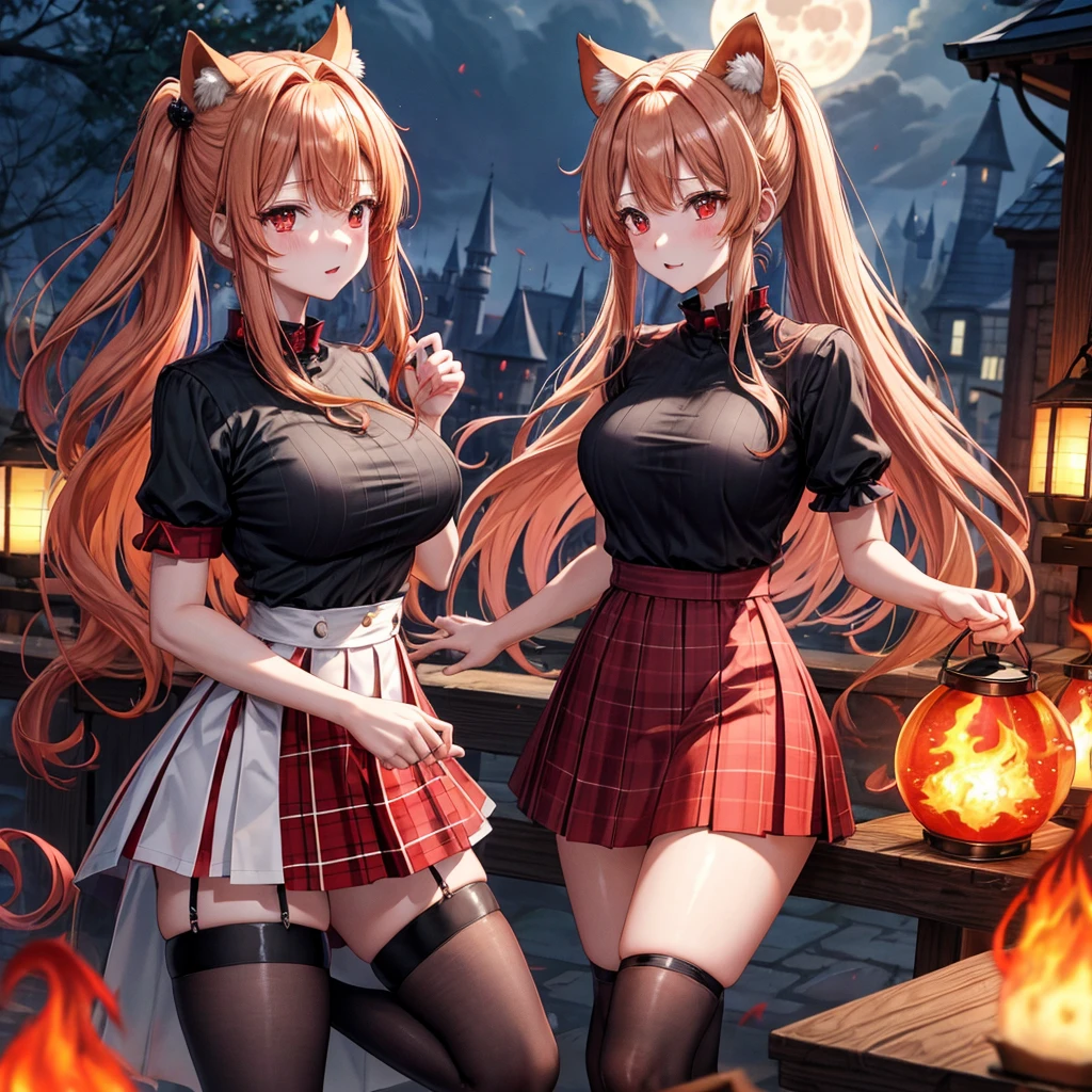 Red-blonde、poneyTail、red eyes、one good looking girl、独奏、animesque、lightly dressed、Plaid miniskirt、wetting hair、Black T-shirt、rotting wood、fullmoon、monster castle、lantern、A large amount of flame pouring down