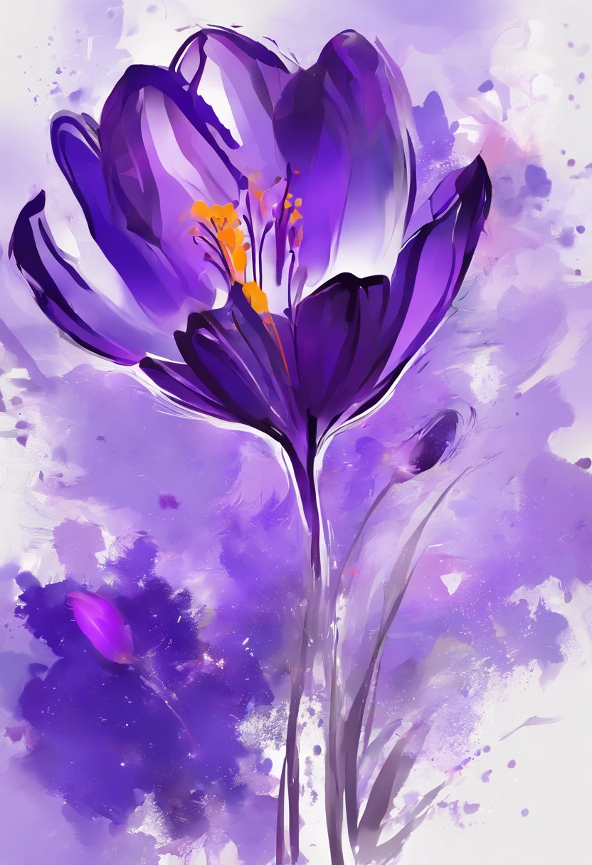 Draw an abstract painting of a single flower.,purple crocus flowers、use acrylic paint、Abstract artist known for his unique use of acrylic pouring, real brush strokes,aesthetic composition,Minimal style, heavy touch strokes、Tortuous shape、Dark purple crocuses symbolize regret and remorse..、express deep regret、The main color of the work is a deep reflective color......、Add moist compacted sand、Enhances the texture and tactile elements of your artwork, While staring at this image, oot、Interaction of color and texture、immerse yourself in an atmosphere of repentance、guided by regret、hanging flowers