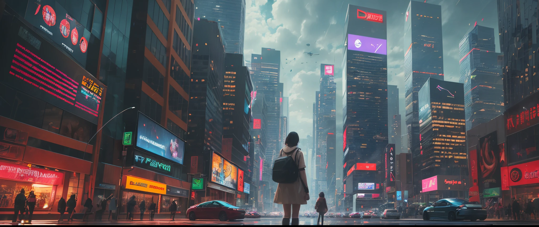 2048, future city, tall buildings, digital advertisements scrolling on a big screen. The main character Ivy walks through the city, the digital clock scrolls quickly to show. The image clean and detailed, professional cinematic lighting, Hollywood sci-fi movie style, green-orange cinematic tones, techno sci-fi feel, ray tracing , HDR , 4K, Photographic --auto --s2