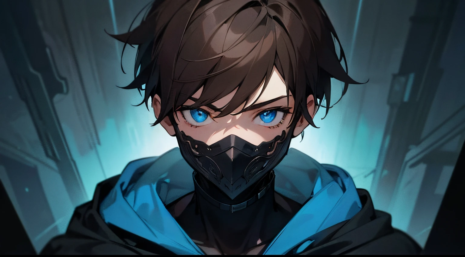 A boy with a black mask, wearing a black and blue hoodie, has captivating blue eyes. He wearing black gloves and has brown hair. The image of the highest quality, with 4k, 8k, high-resolution details, and can be considered a masterpiece. The image ultra-detailed, with a focus on capturing the intricate features of the boy's face and expression. The style of the artwork can be described as a portrait. The color palette dominated by shades of black and blue, creating a cool, mysterious atmosphere. The lighting carefully designed to emphasize the boy's eyes and facial features, with soft illumination highlighting the intricate details.