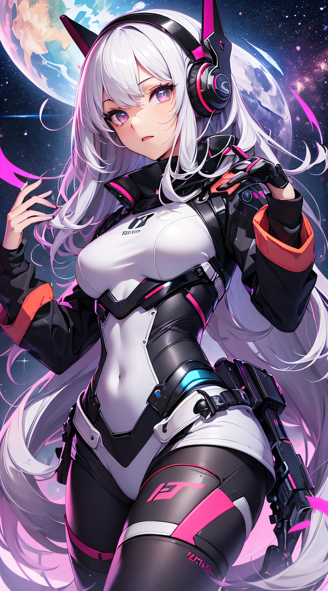 top-quality、Top image quality、​masterpiece、girl with((black mecha suit、Shining gold mech suit、18year old、 Ager、cute little、Best Bust、big bast,Beautifully shining purple eyes open wide, cosmic hair、Longhaire、A slender,big moves in volleyball,headphone pose、Jumping and kicking)),hiquality、Beautiful Art、Background with((A world of shining galaxies)))、Depth((UFO)),masutepiece、depth of fields,Cinematic style