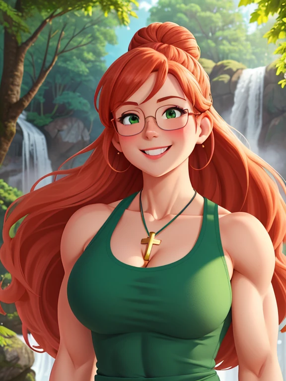 attractive welsh woman, ripped muscle, muscular body, pale skin, smile(blush), sundress, sunglasses on her head, cross pendant, sixpack abs, [ultra detailed skin:1.2], ginger hair, green eyes, hair bun, 8k uhd, full body, crowd, public, forest, waterfall, standing,