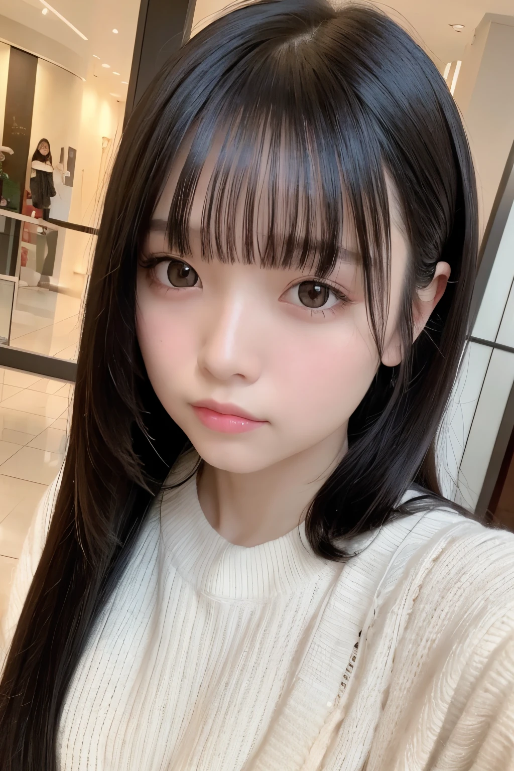 masterpiece, best quality,1girl, solo, black hair, realistic, looking at viewer, black eyes, long hair, oversized sweater, bangs, mall, closed mouth, hime cut, selfie