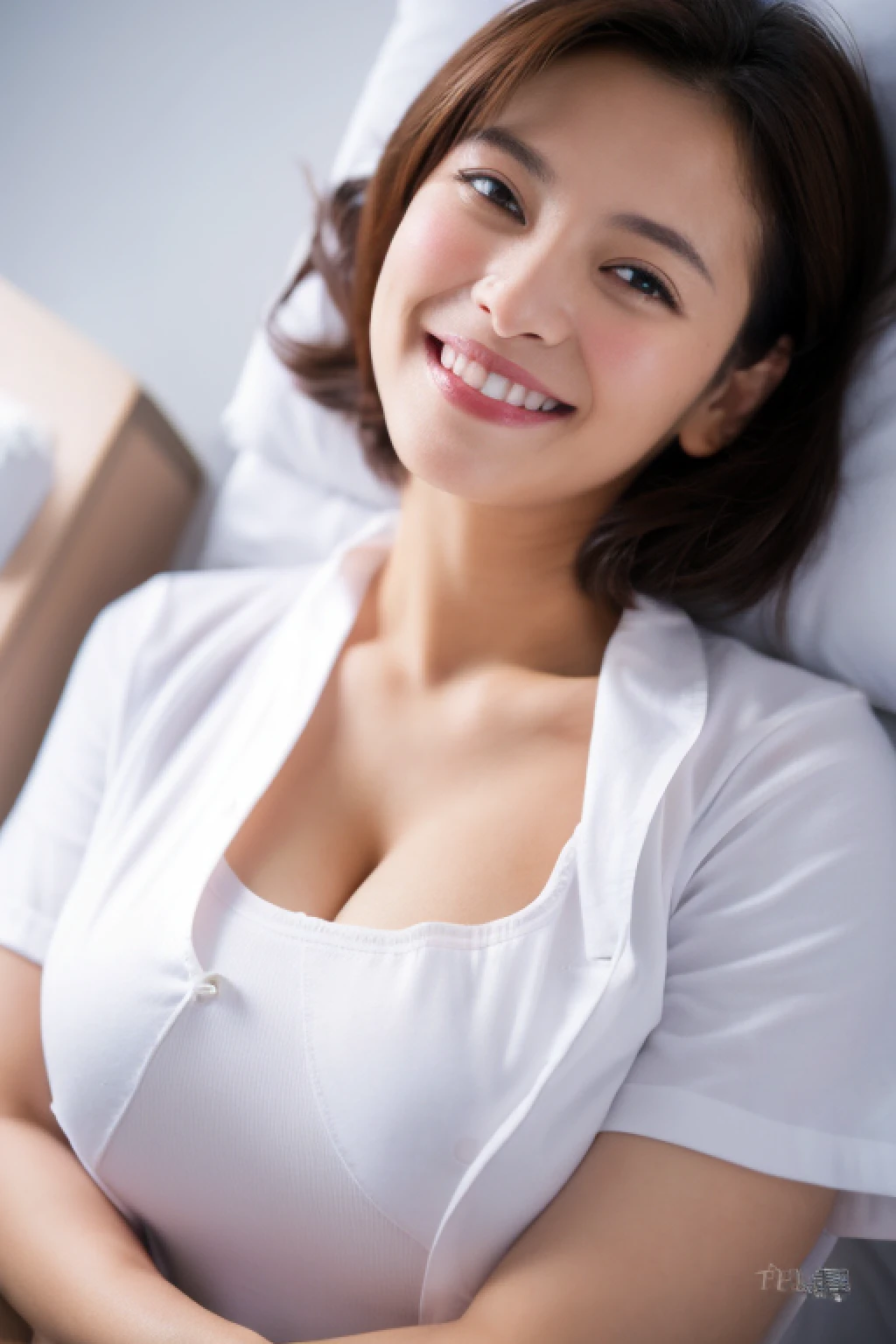 (8K、Raw photography、top-quality、masterpiece:1.2)、high-definition RAW color photography、professional photograpy、(realisitic、photoRealstic:1.37)、ciinematic light、1girl in、A smile、Nurse、Upper body close-up、Overflowing breasts、、huge-breasted:2.0、hospitals、nurse's outfit、Breasts overflowing from clothes、Sexy Nurse、Heavy makeup