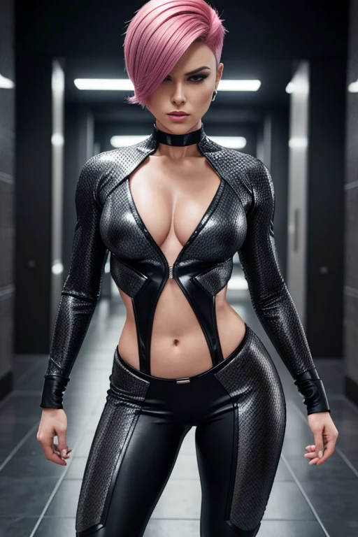 4k highly detailed realistic female supervillain dressed in cropped carbon fiber, pink hair in a short undercut bob hairstyle, hair covering one eye, ((sharp Jawline)), (full body Including Legs), Seduction and fantastic poses