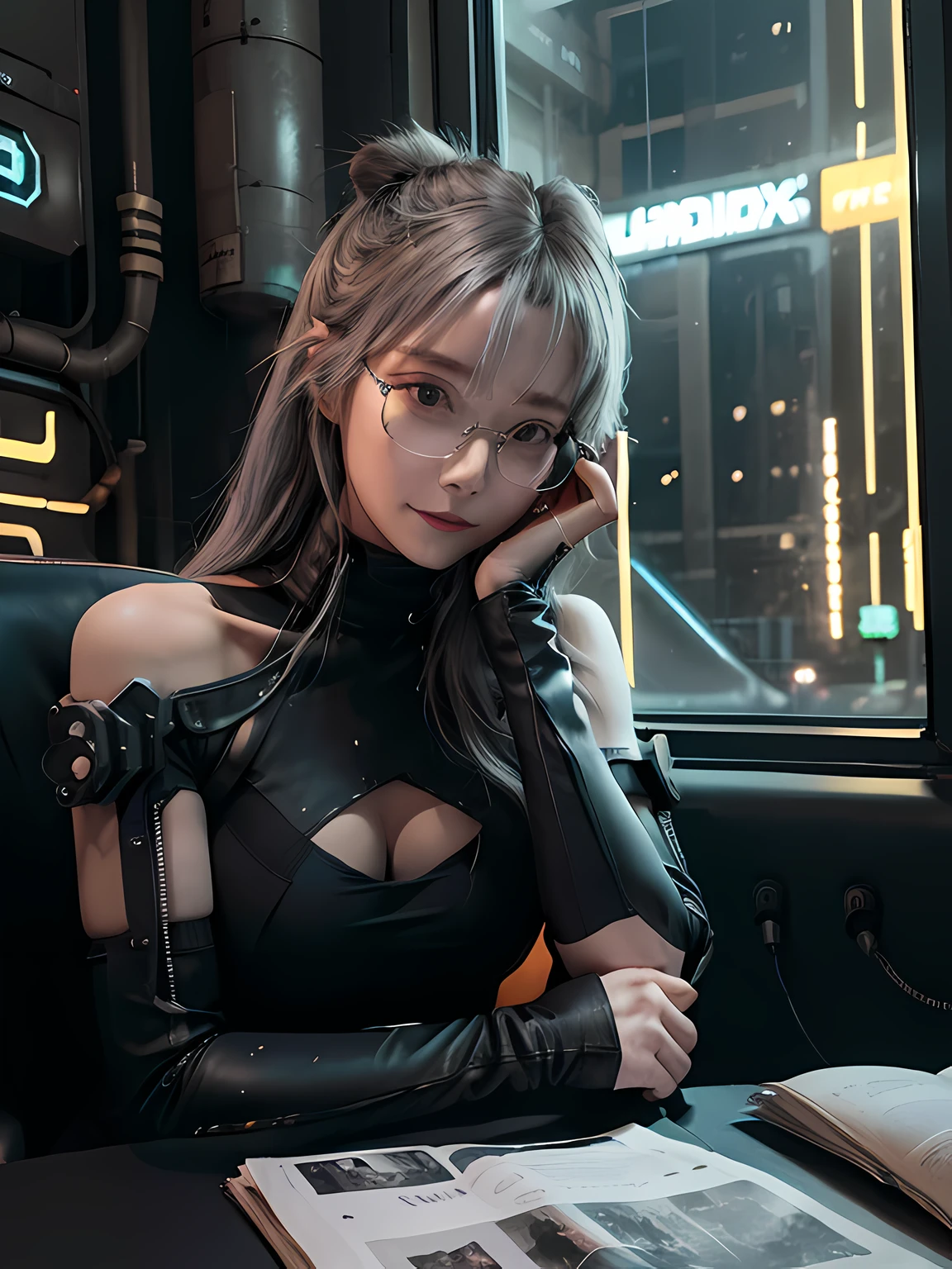 Cyberpunk style room, (neonlight:0.7), (There are wires on the ground:0.5), the night, 1 girl, A half body, Gray Whiucy from Cyberpunk Edgerunners:0.8), Round glasses with reflective neon lights,tightsuit, (Sayre Hayes:0.7), Normally proportioned and beautiful facial features:0.7), (s delicate face:0.5), Smiling, (on her elbows:1.5), absurd res, A high resolution, Super sharp, 8K, tmasterpiece,looking at viewert